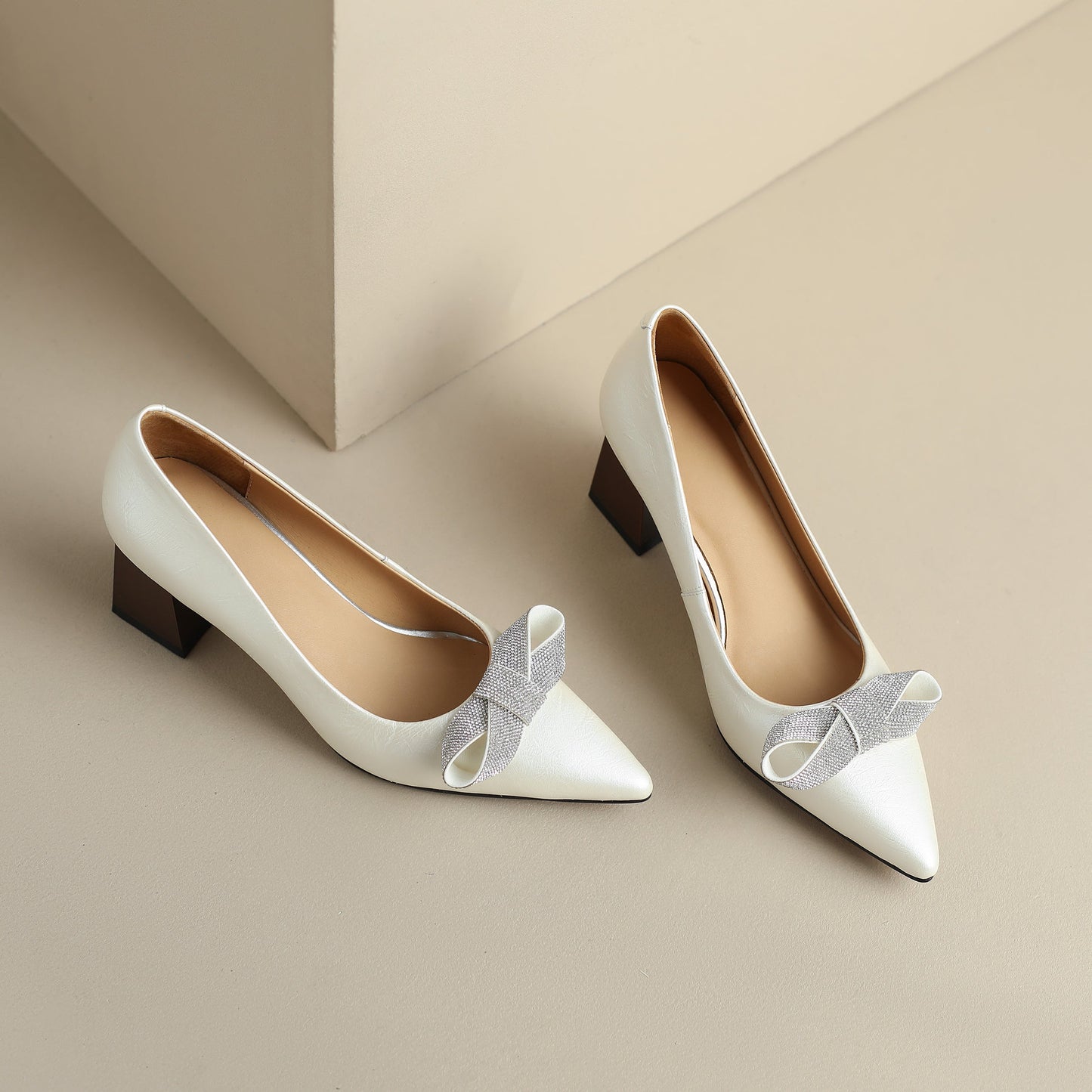 Nine Seven Genuine Leather Handmade Women's Slip On Pointed Toe Mid Chunky Heel Bowknot Pumps Shoes