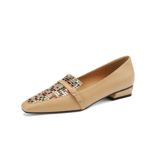 Nine Seven Handmade Women's Genuine Leather Colorful Rhinestones Slip On Square Toe Flats Loafer Shoes