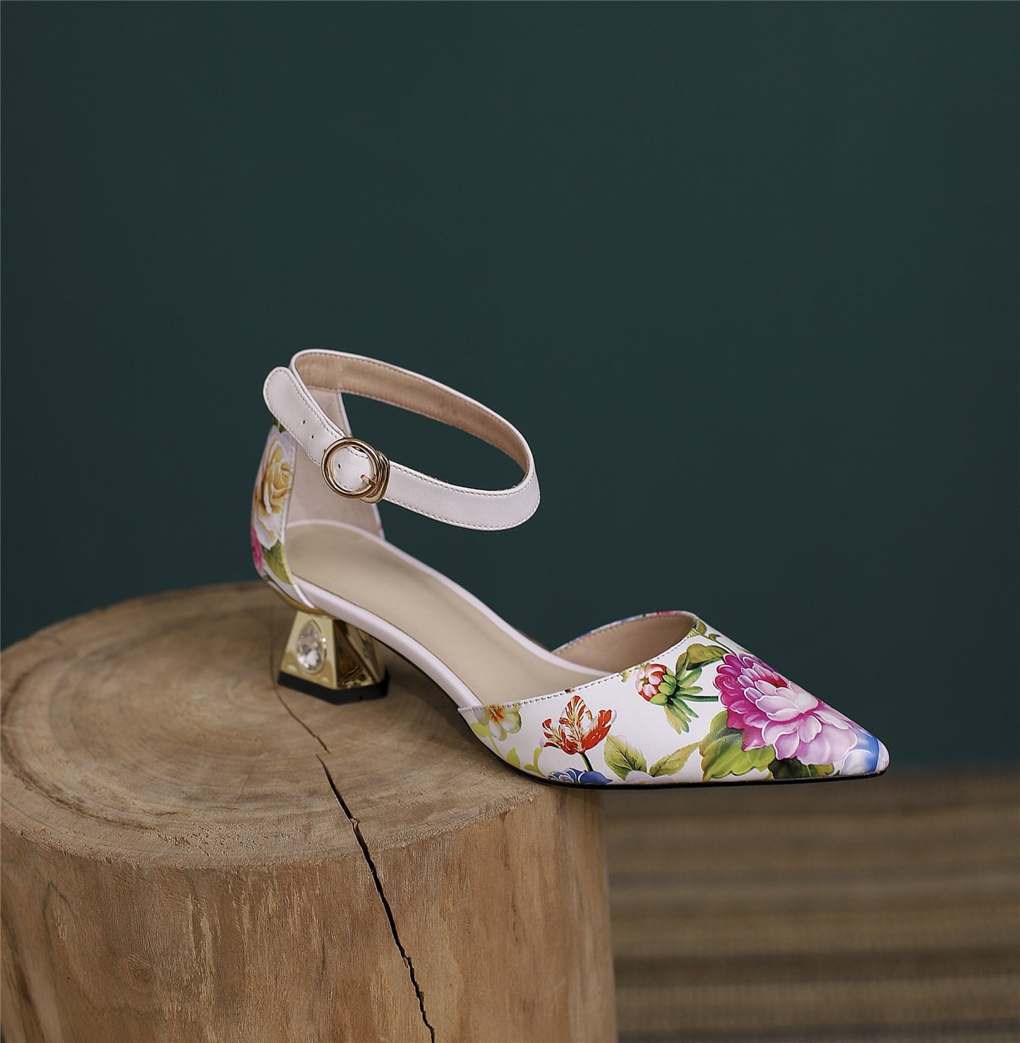 Nine Seven Women's Pointed Toe Flower Print Genuine Leather Handmade Buckle Low Chunky Heel Sandal Pumps