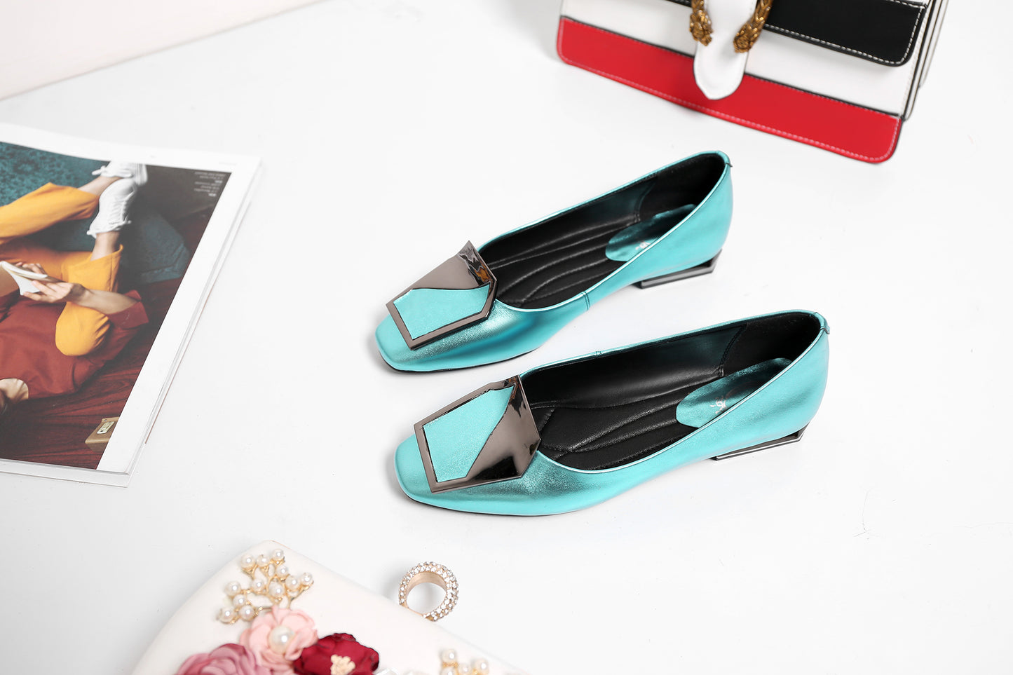 Nine Seven Women's Genuine Leather Square Toe Handmade Buckle Décor Casual Flat Shoes