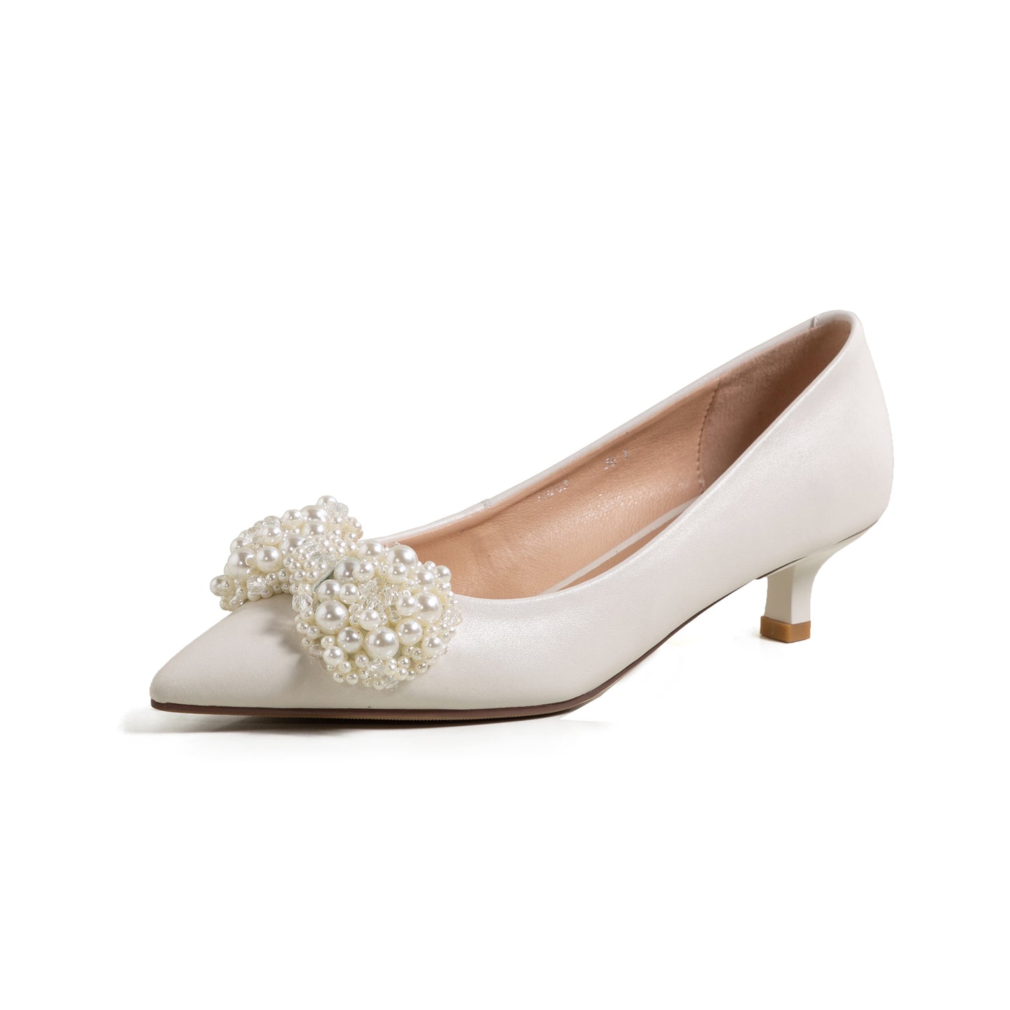Nine Seven Genuine Leather Handmade Women's Pearl Bowknot Kitten Heel Weeding Pumps Shoes