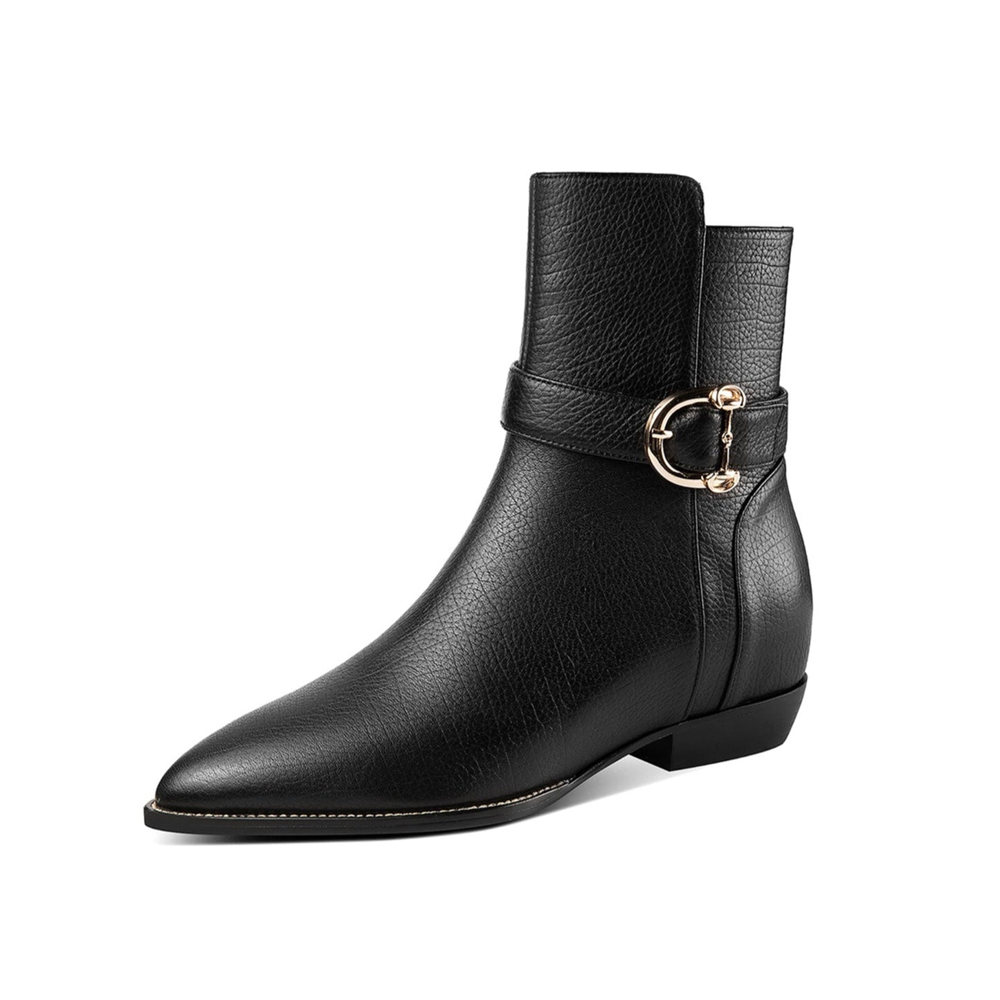 Nine Seven Women's Pointed Toe Genuine Leather Handmade Buckle Side Zip Up Ankle Boots with Inner Height