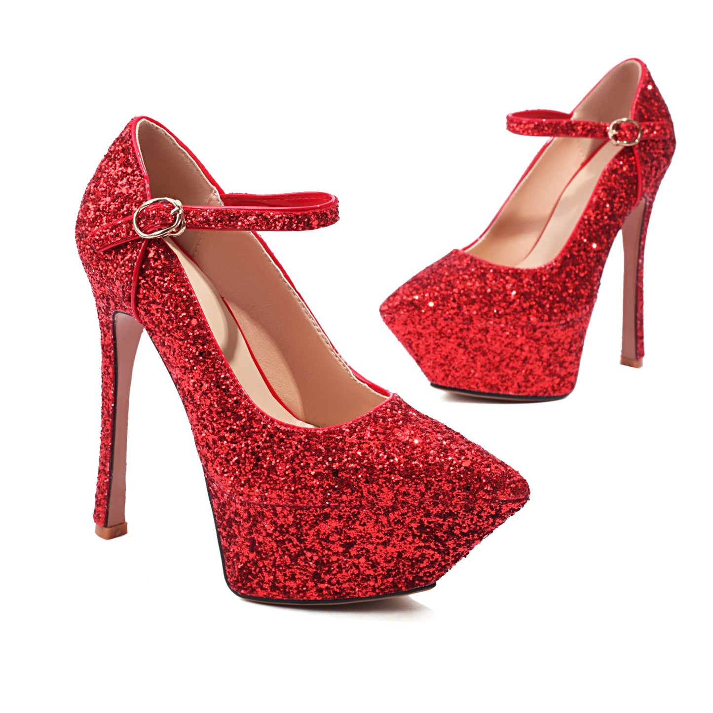 Nine Seven Sequins Pointed Toe Women's Handmade High Stiletto Heel Platform Modern Buckle Weeding Pumps Shoes