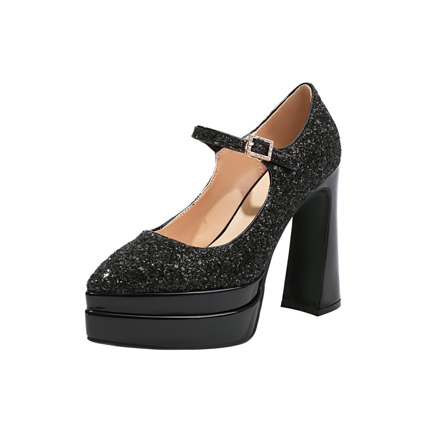 Nine Seven Leather Women's Handmade High Heel Platform Glitter Buckle Mary Jane Pumps Shoes