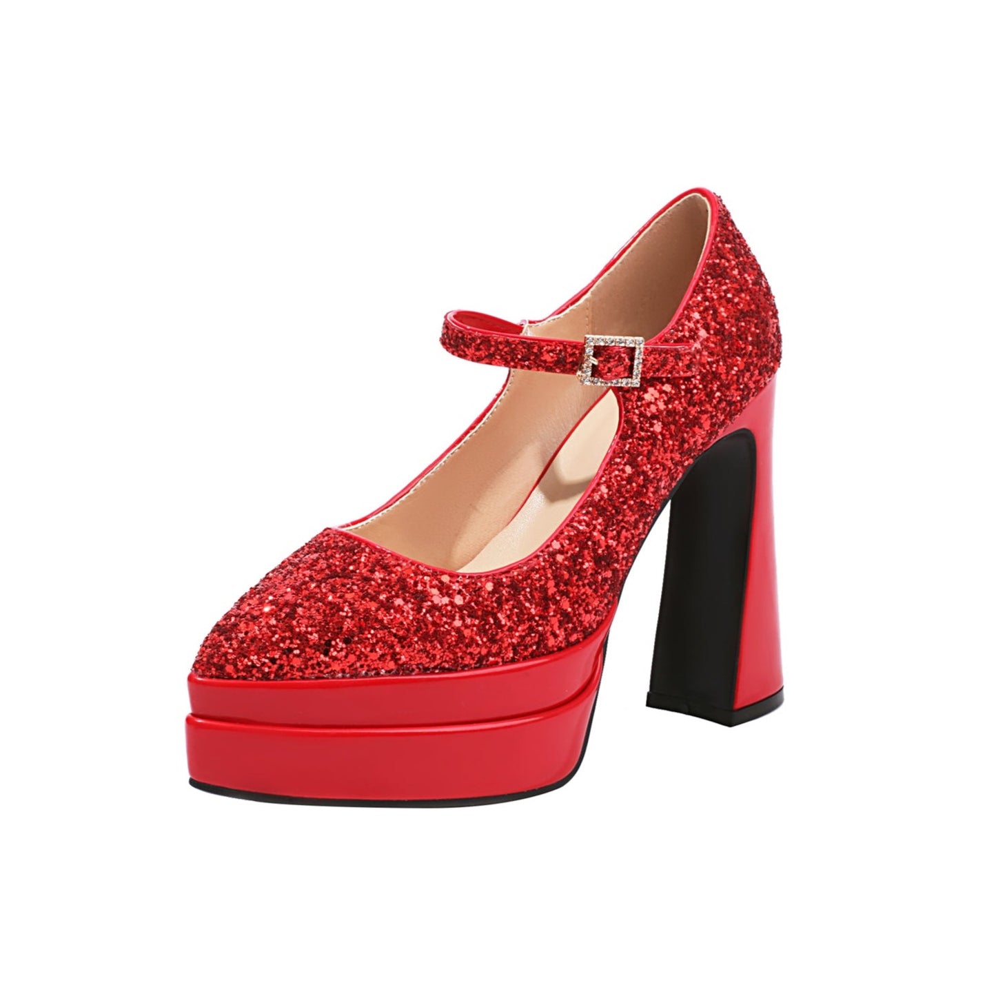 Nine Seven Leather Women's Handmade High Heel Platform Glitter Buckle Mary Jane Pumps Shoes