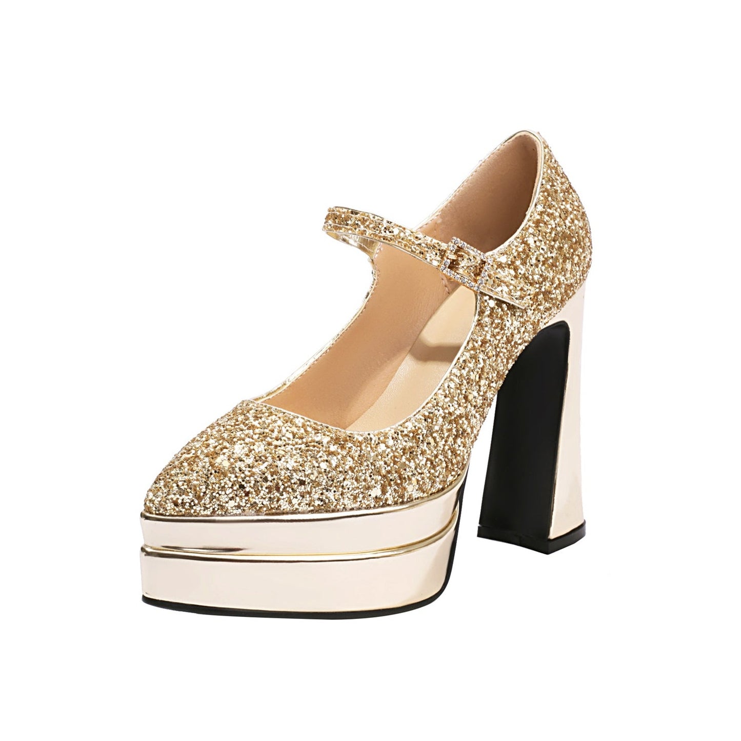 Nine Seven Leather Women's Handmade High Heel Platform Glitter Buckle Mary Jane Pumps Shoes