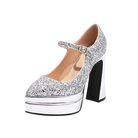 Nine Seven Leather Women's Handmade High Heel Platform Glitter Buckle Mary Jane Pumps Shoes