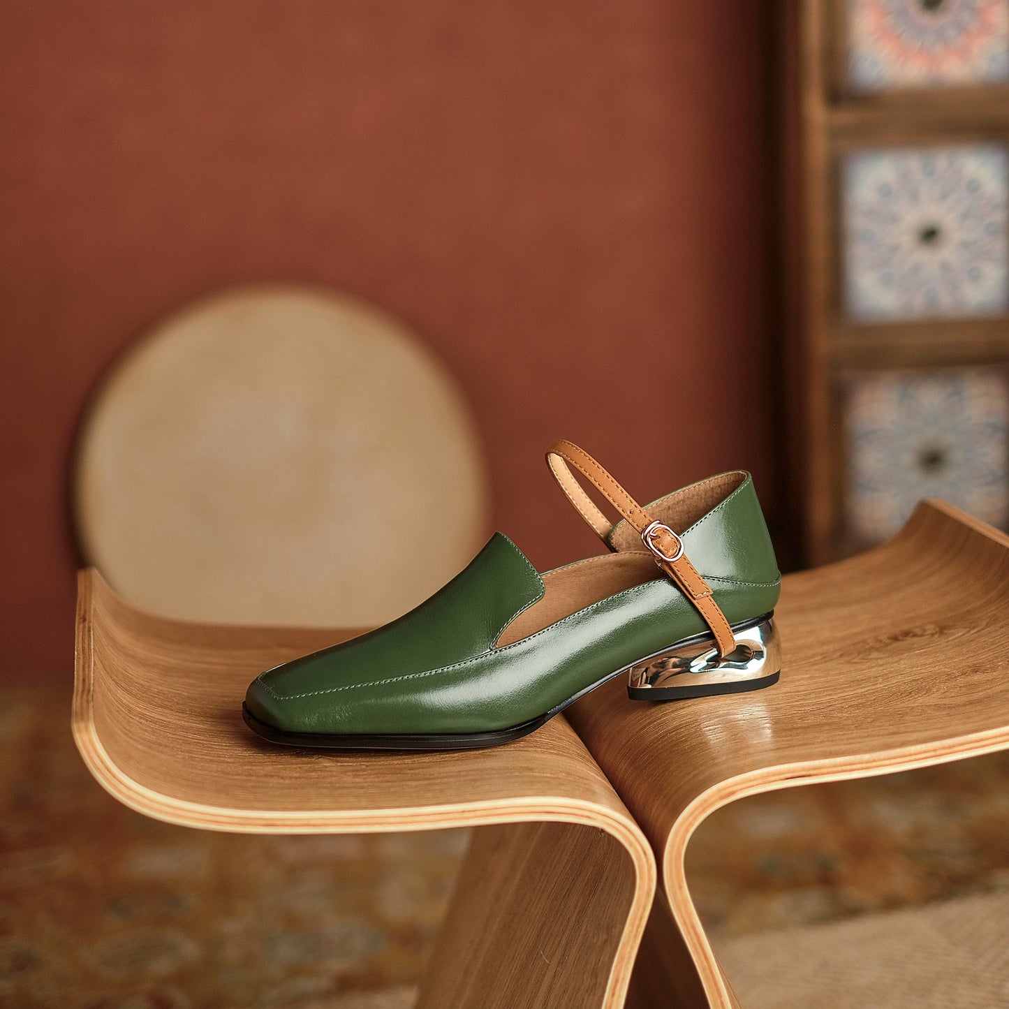 Nine Seven Women's Handmade Genuine Leather Square Toe Chunky Heel Classic Mary Jane Pumps