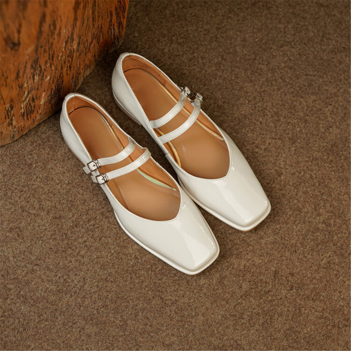 Nine Seven Handmade Women's Square Toe Patent Leather Handmade Buckles Casual Flat Mary Jane Shoes