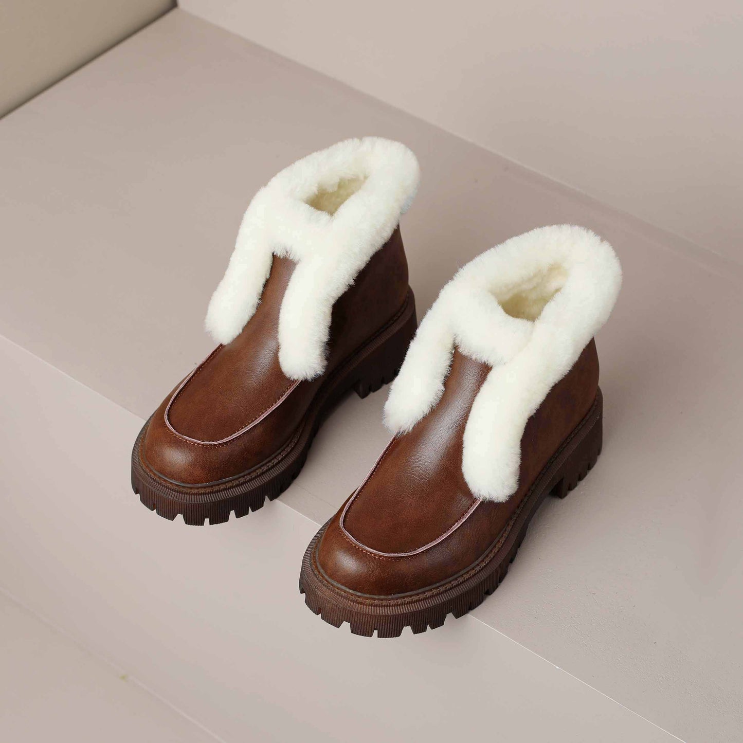 Nine Seven Handmade Women's Genuine Leather Furry Pull On Round Toe Low Block Heel Platform Ankle Boots