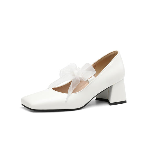 Nine Seven Women's Handmade Bowtie Lace Band Square Toe Comfortable Block Heel Weeding Pumps Shoes