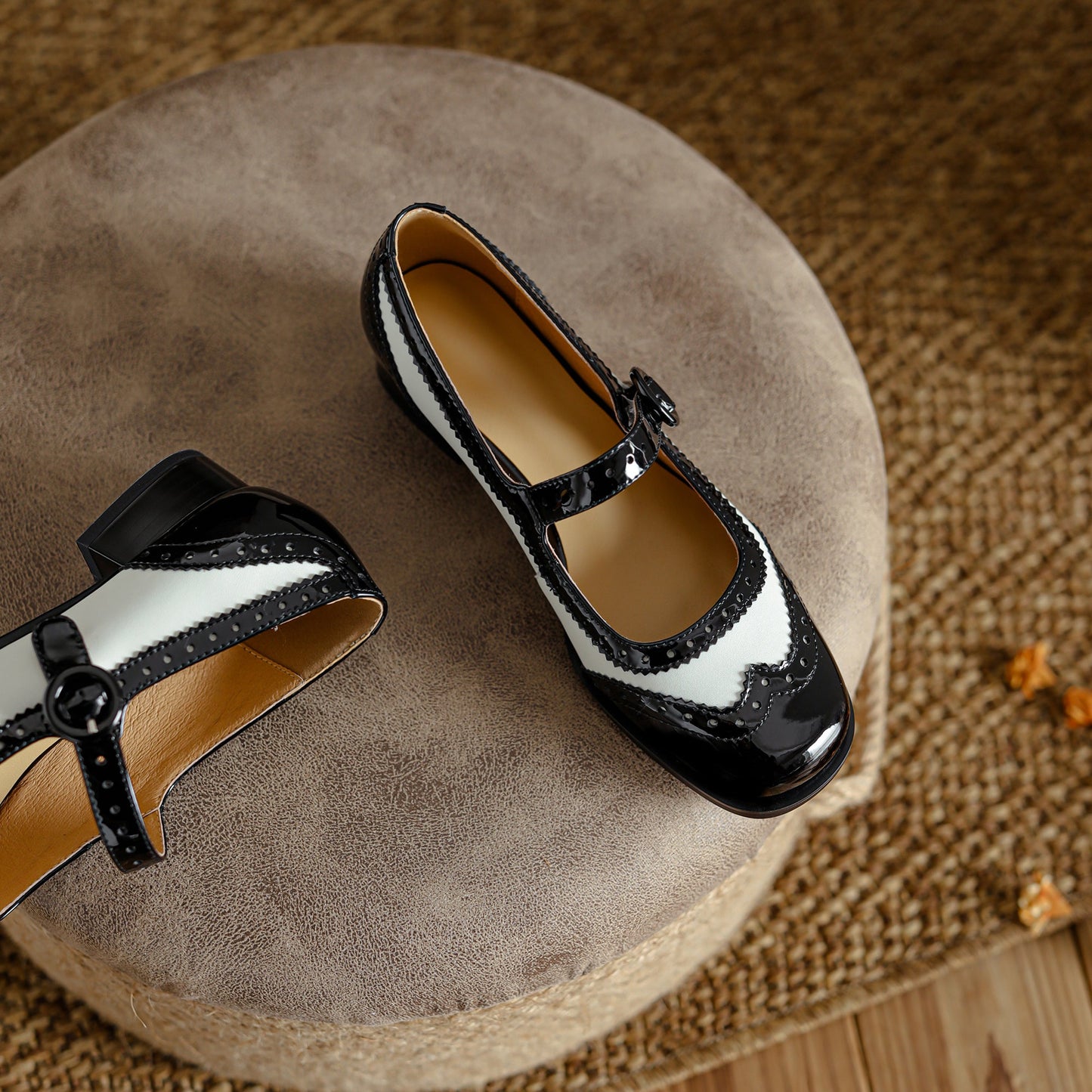 Nine Seven Women's Patent Leather Handmade Lace Buckle Round Toe Low Block Heel Mary Jane Flats Shoes