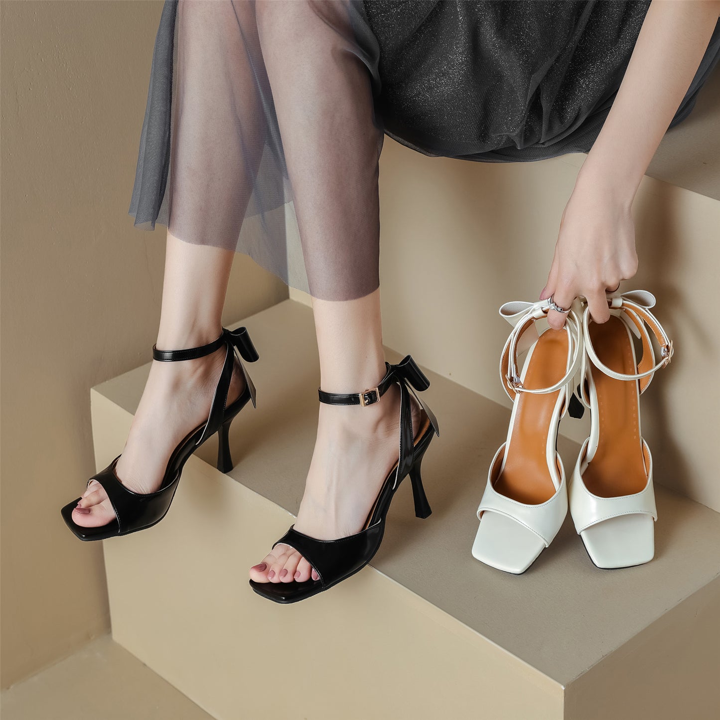 Nine Seven Women's Handmade Kitten Heel Square Toe Buckle Back Bowtie Sandal Shoes