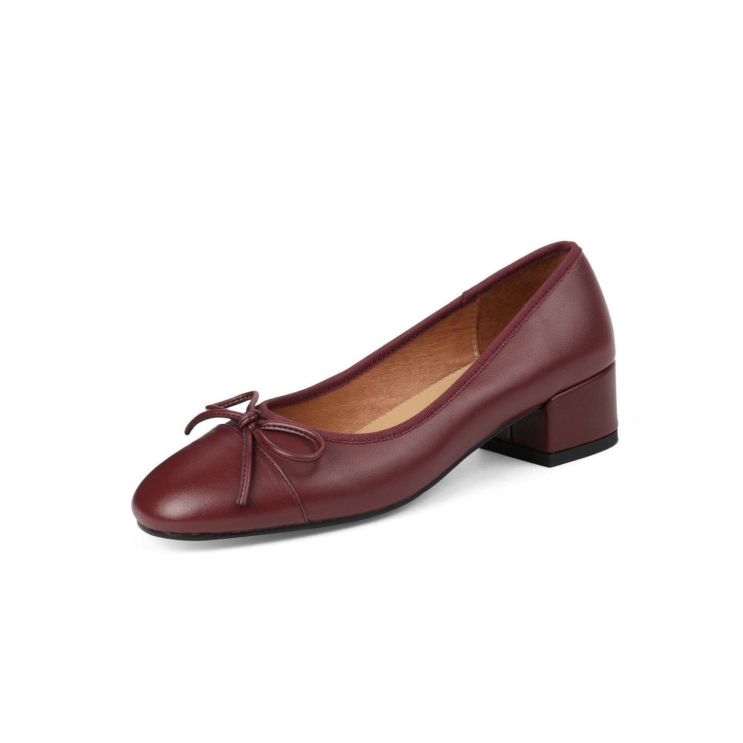 Nine Seven Women's Genuine Leather Handmade Cute Bow Knot Slip On Round Toe Low Chunky Heel Ballet Pumps