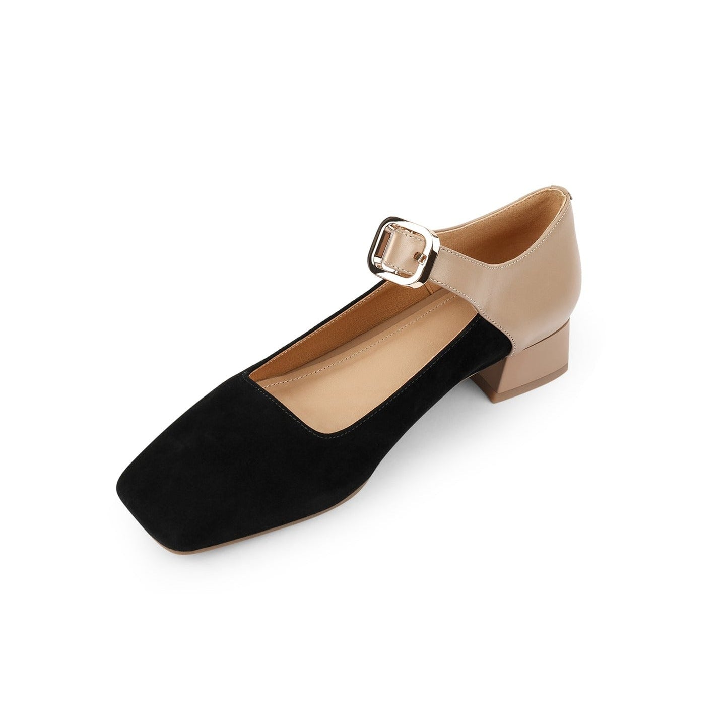 Nine Seven Women's Square Toe Genuine & Suede Leather Handmade Buckle Belt Low Chunky Heels Vintage Pumps Shoes