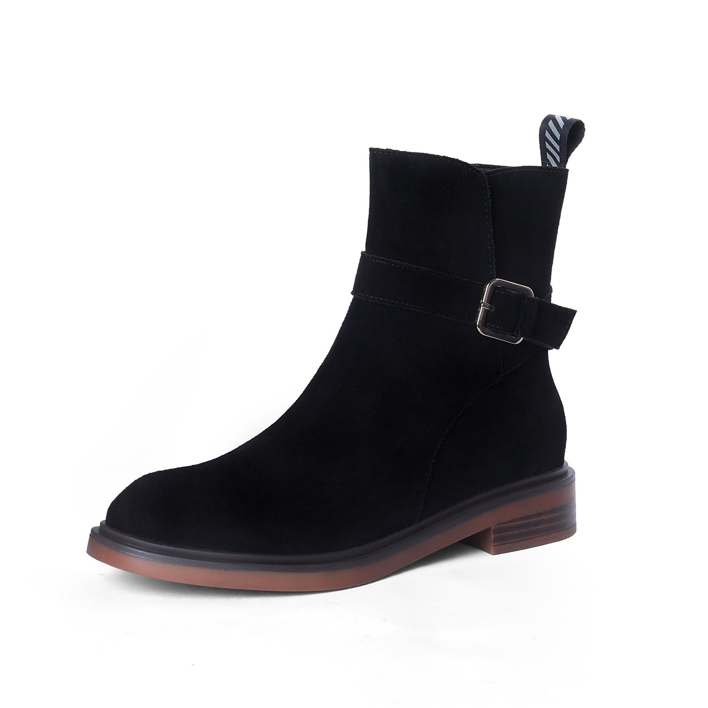 Nine Seven Handmade Women's Suede Leather Buckle Round Toe Low Chunky Heel Side Zipper Ankle Boots Shoes