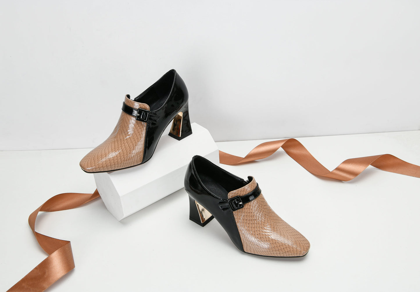 Nine Seven Women's Genuine Leather Round Toe Handmade Buckle Side Zipper Multi-Colored Mid Chunky Heel Stylish Pumps Shoes