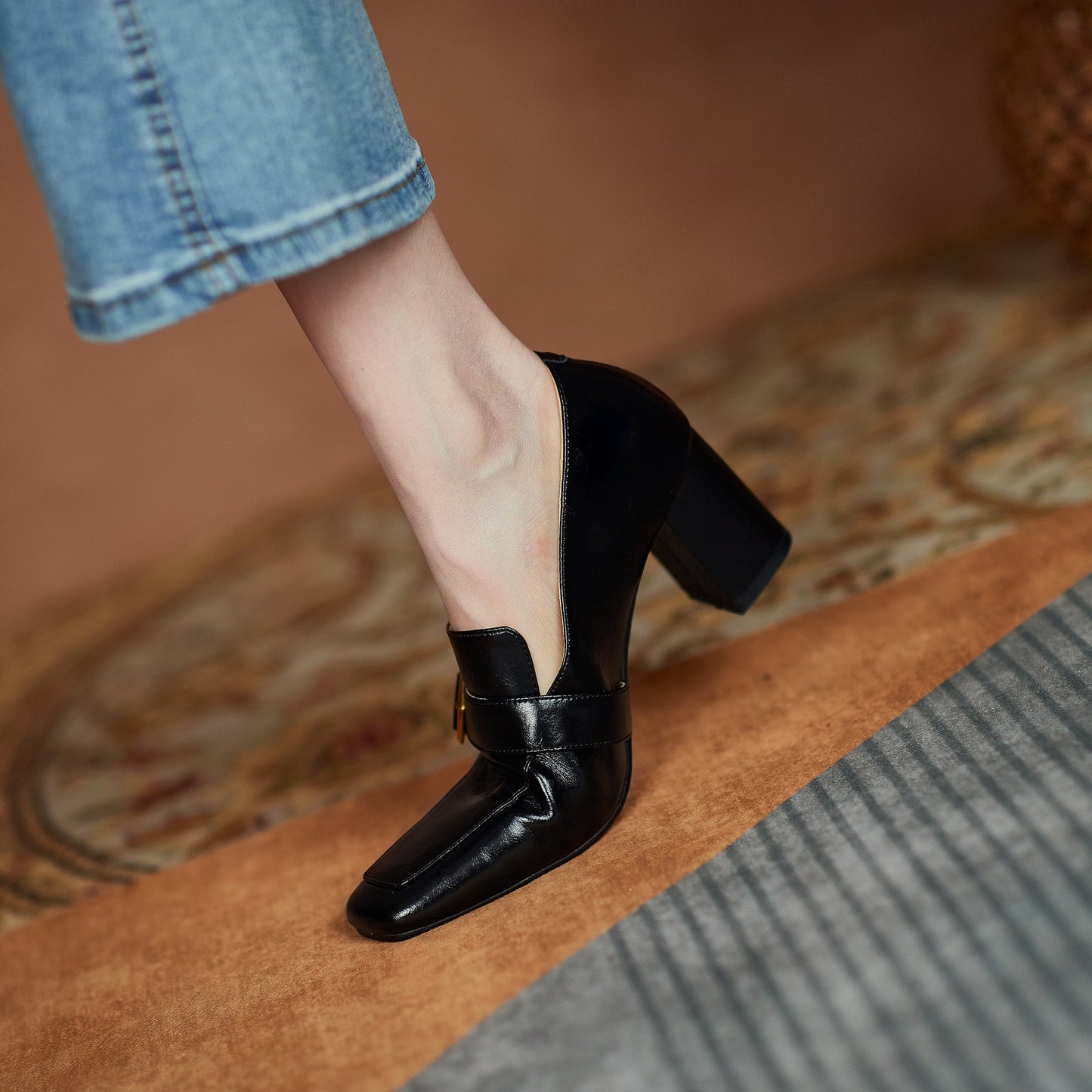 Nine Seven Genuine Leather Women's Handmade Square Toe Mid Block Heel Slip On Graceful Oxford Loafer Pumps with Cool Buckle