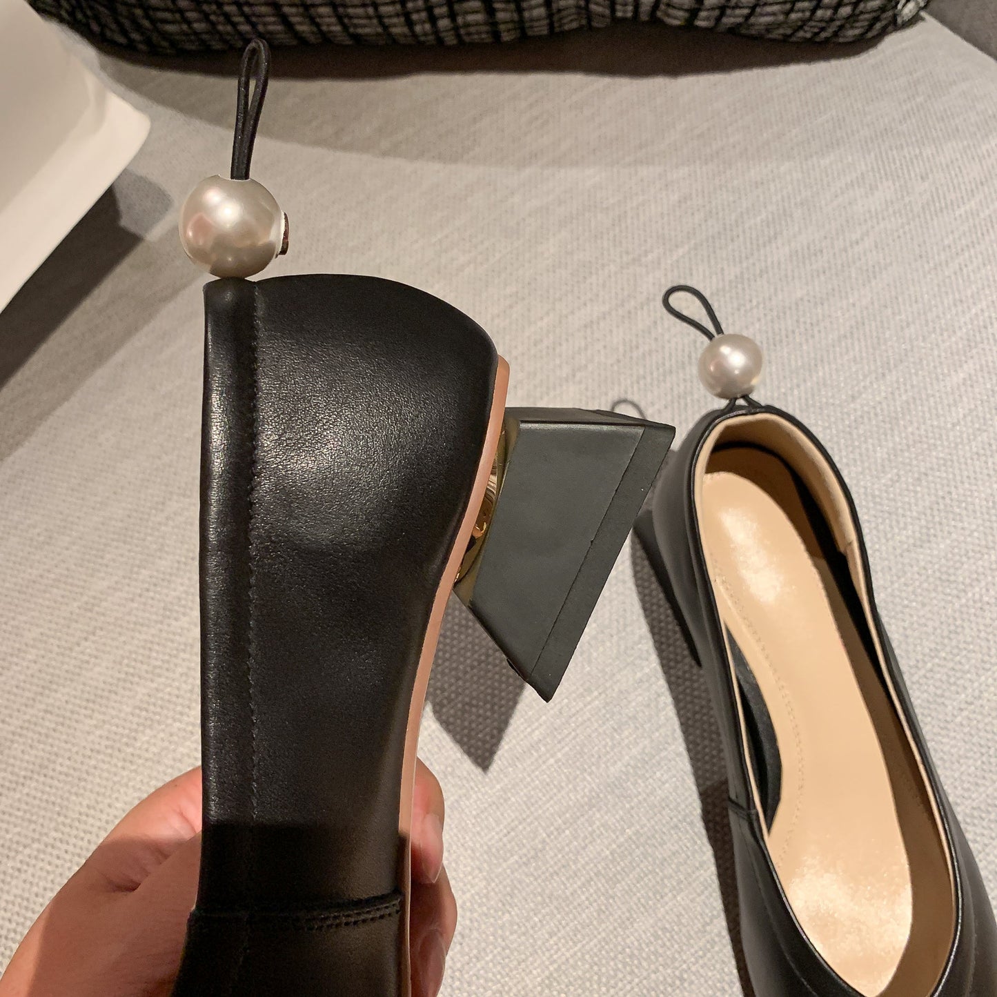 Nine Seven Genuine Leather Women's Handmade Square Toe Low Chunky Heel Slip On Loafer Pump Shoes with Pearl