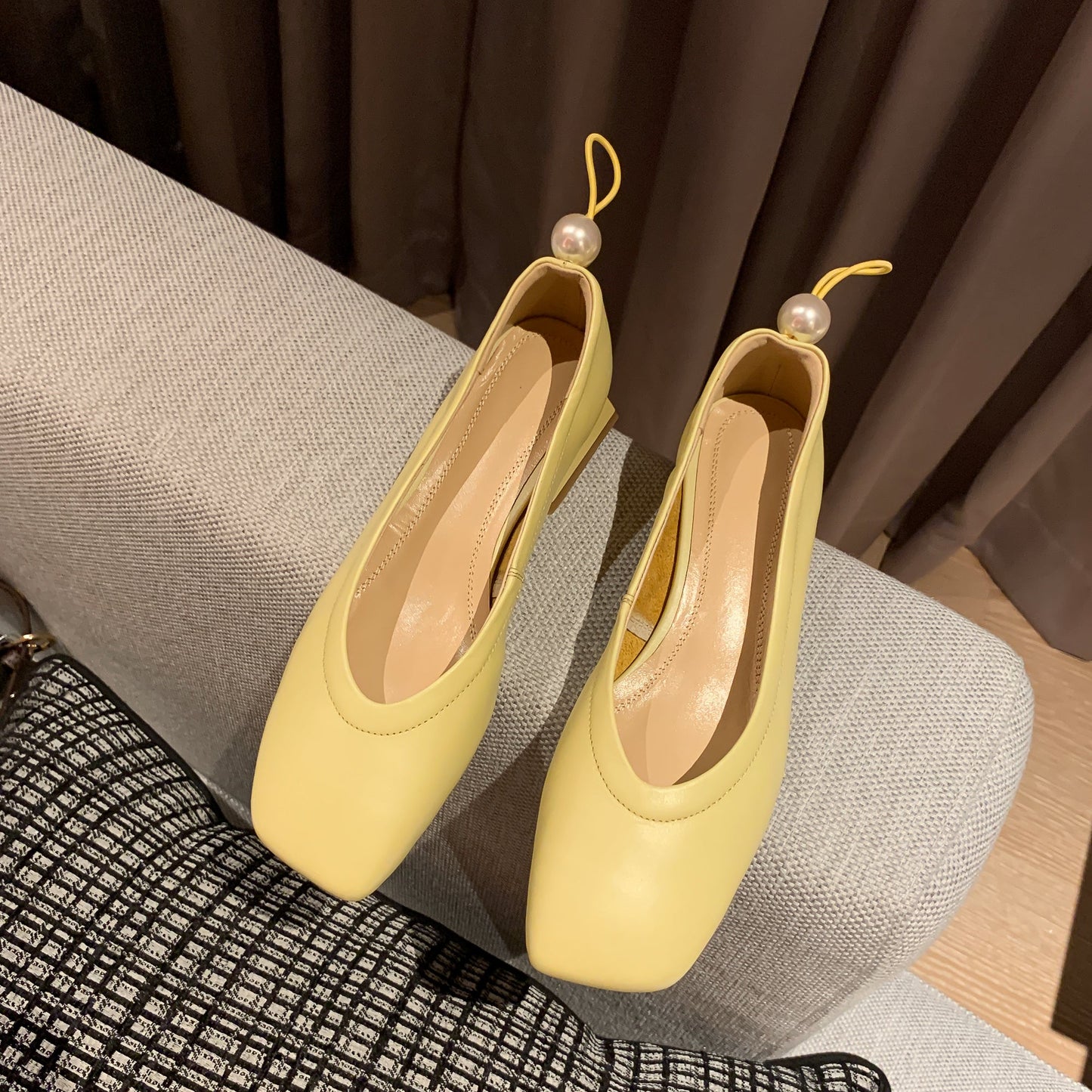 Nine Seven Genuine Leather Women's Handmade Square Toe Low Chunky Heel Slip On Loafer Pump Shoes with Pearl