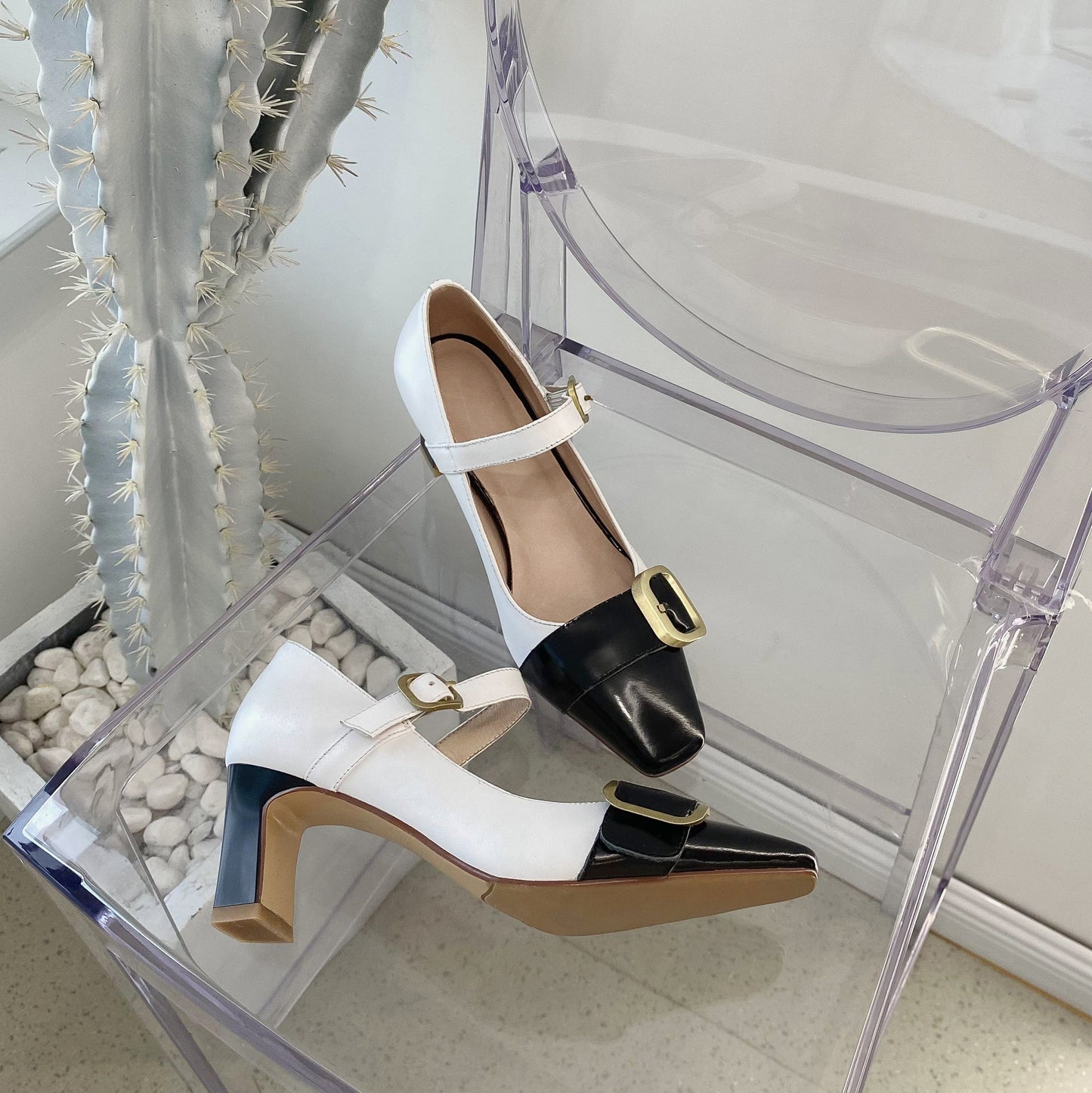 Nine Seven Genuine Leather Women's Handmade Littele Square Toe Buckle Mid Chunky Heel Classic Mary Jane Pump Shoes