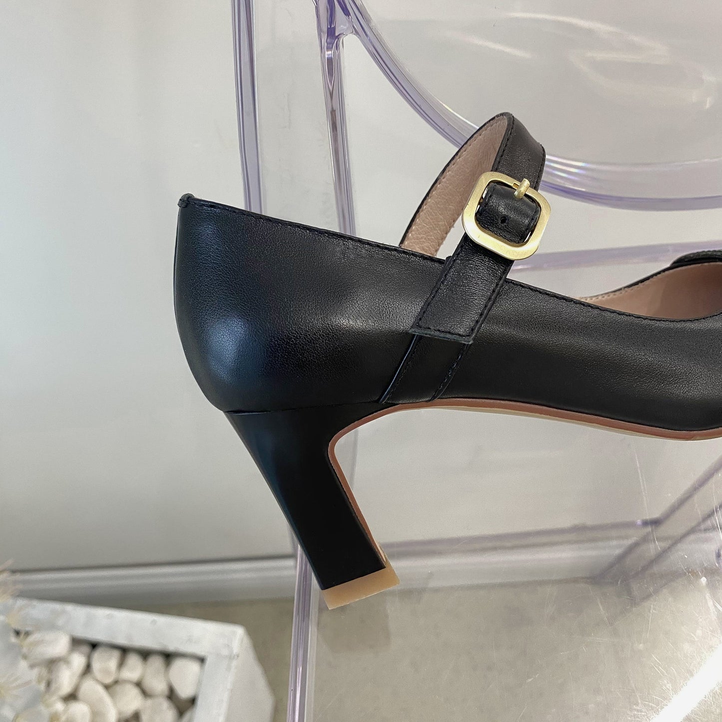 Nine Seven Genuine Leather Women's Handmade Littele Square Toe Buckle Mid Chunky Heel Classic Mary Jane Pump Shoes