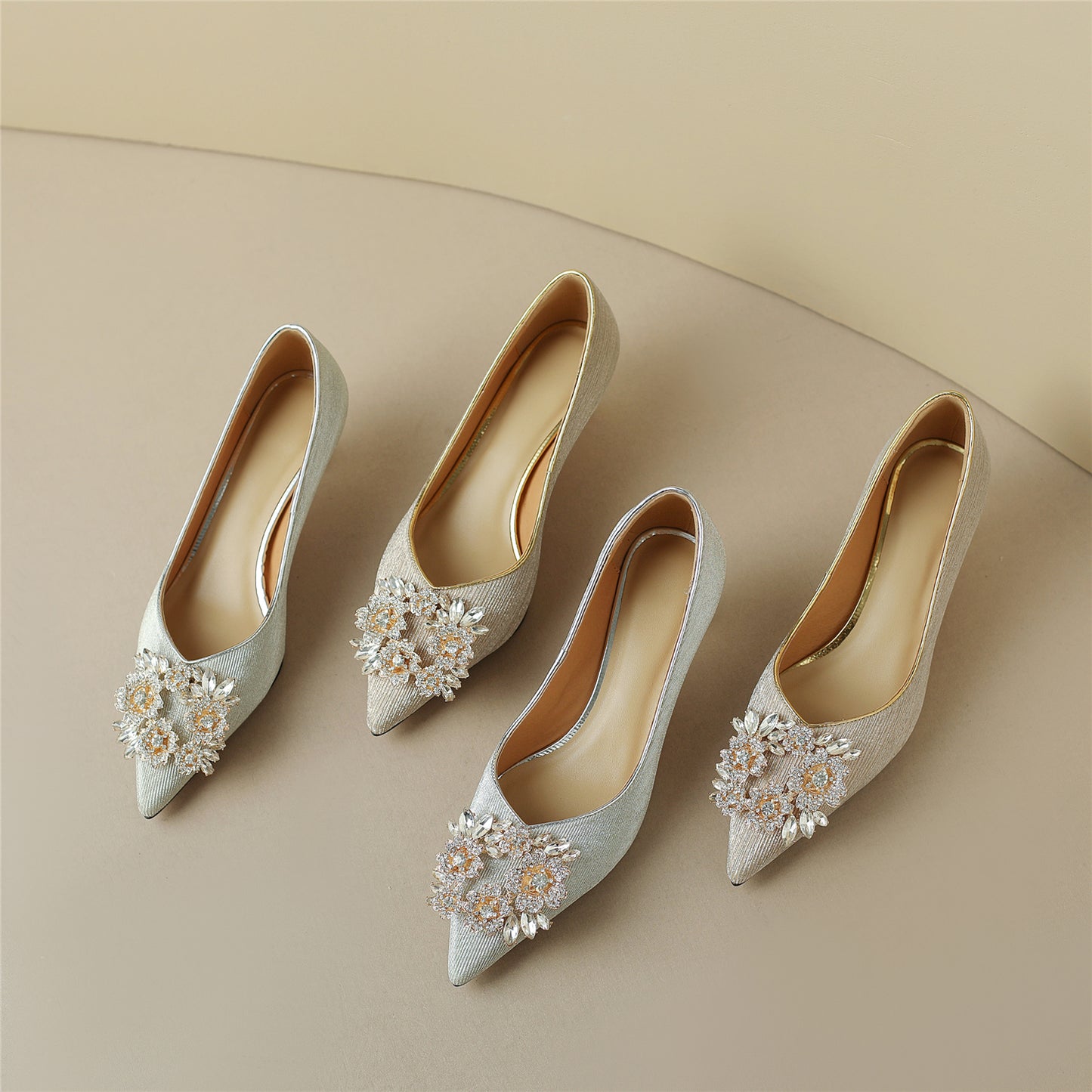 Nine Seven Glitter Rhinestone Pattern Kitten Heel Handmade Women's Pointed Toe Slip On Elegant Bridal Loafer Pumps