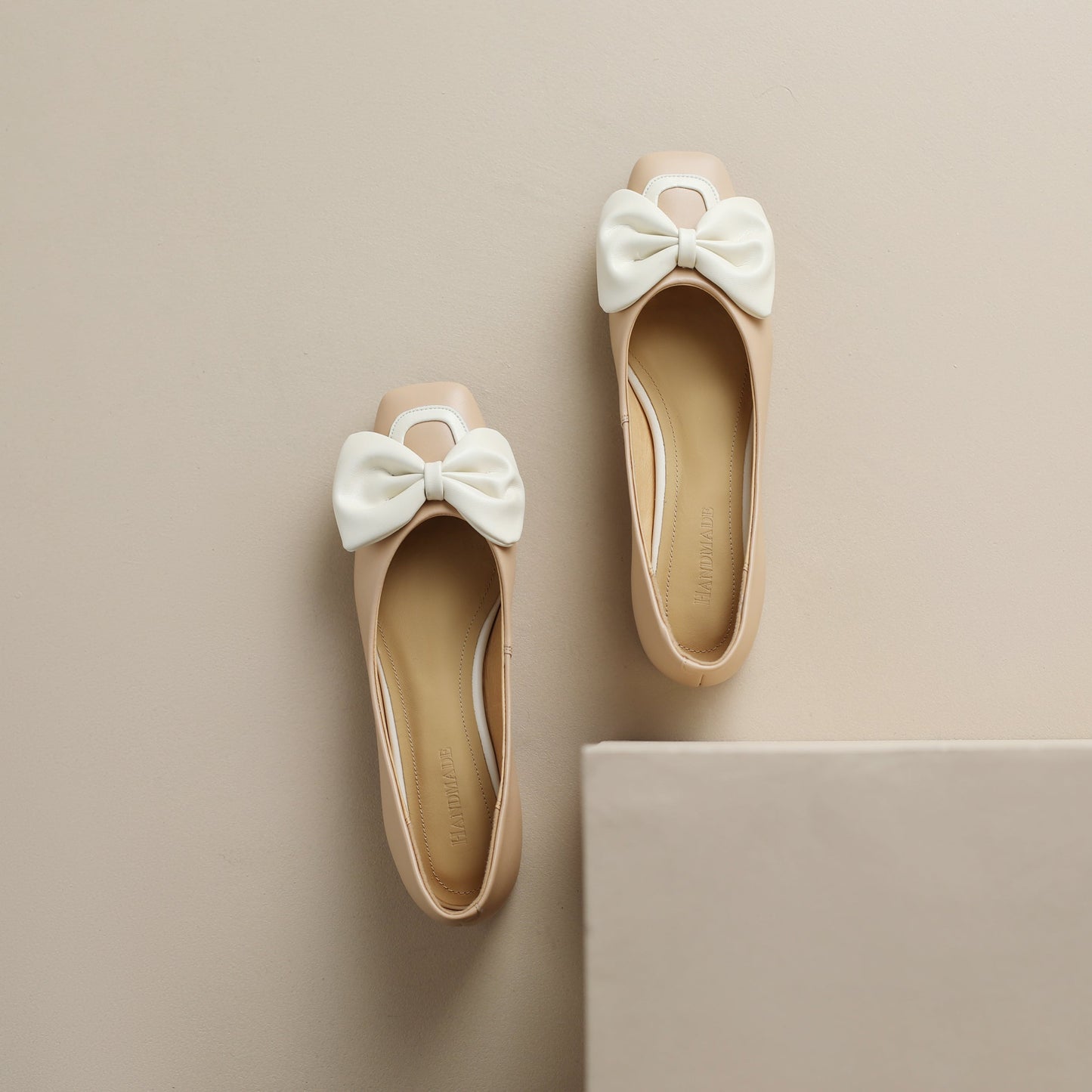 Nine Seven Women's Genuine Leather Square Toe Handmade Bowknot Chunky Heels Casual Flats