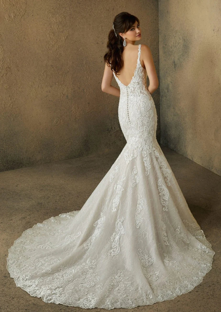 Nine Seven V-Neck Appliques Beads V Back Tulle Mermaid Wedding Dress Customization