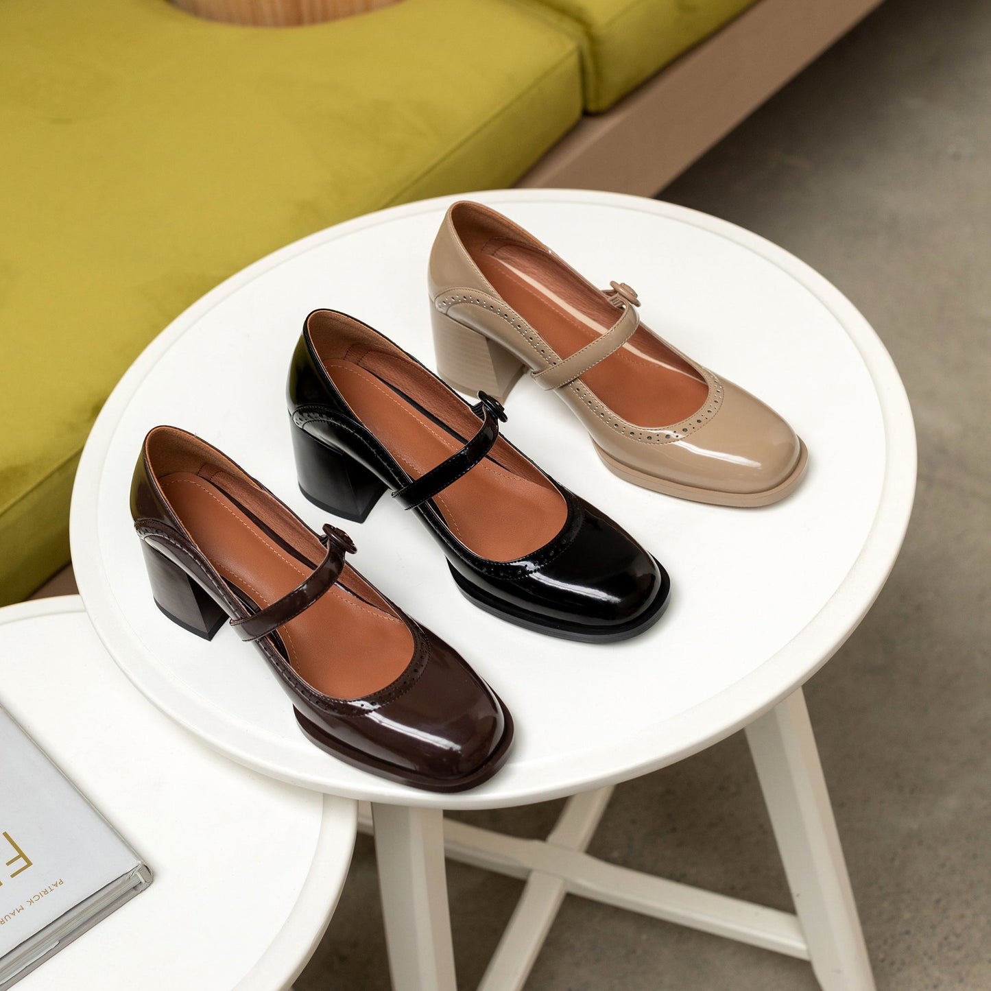 Nine Seven Glossy Genuine Leather Women's Handmade Round Toe Mid Block Heel Buckle Cute Mar Jane Pump Shoes