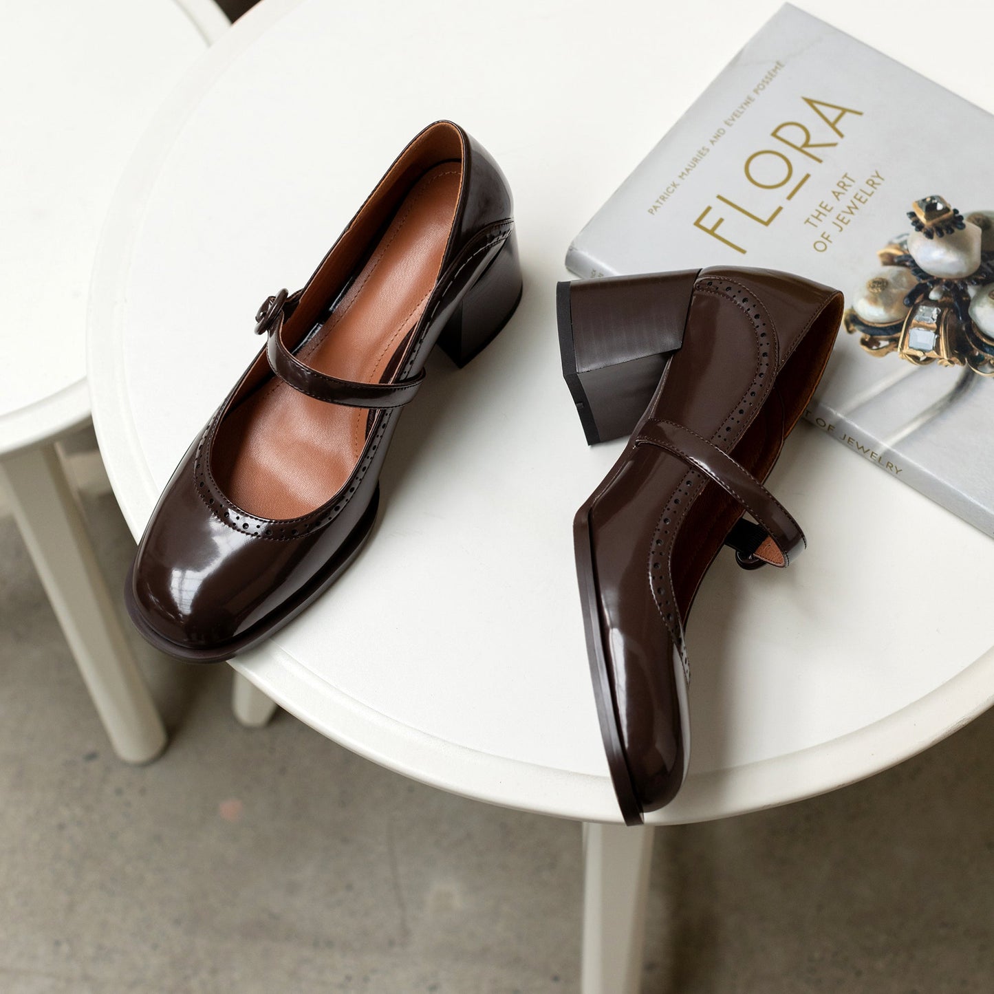 Nine Seven Glossy Genuine Leather Women's Handmade Round Toe Mid Block Heel Buckle Cute Mar Jane Pump Shoes