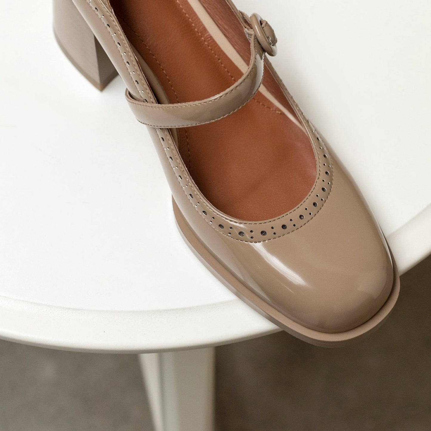 Nine Seven Glossy Genuine Leather Women's Handmade Round Toe Mid Block Heel Buckle Cute Mar Jane Pump Shoes