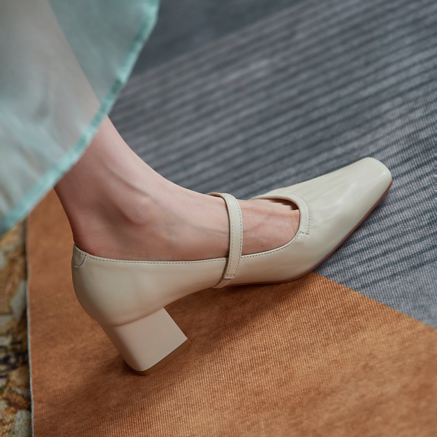 Nine Seven Women's Handmade Genuine Leather Square Toe Mid Block Heel Buckle Closure Creases Mary Jane Pumps