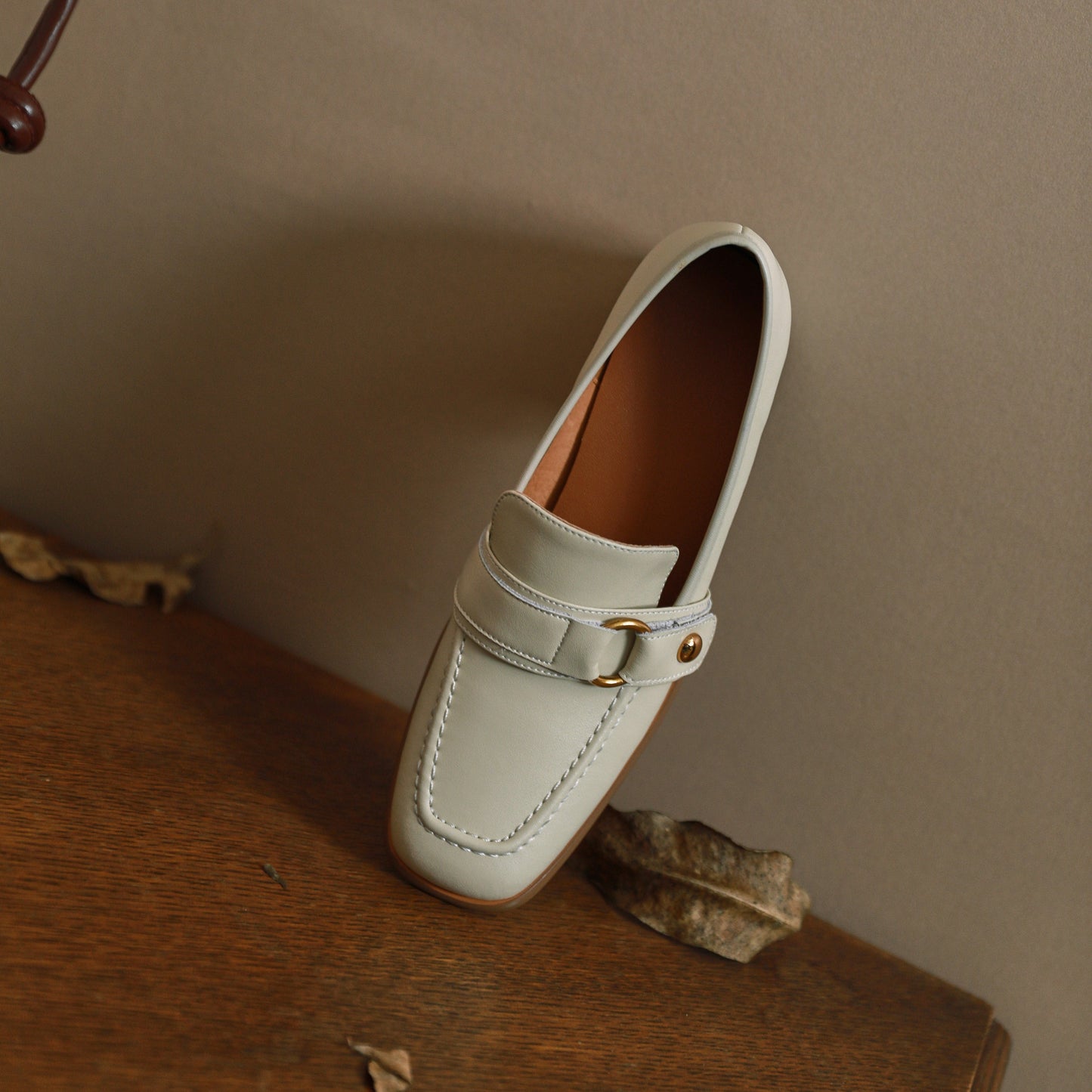 Nine Seven Women's Genuine Leather Square Toe Handmade Metal Buckle Low Chunky Heel Casual Loafers