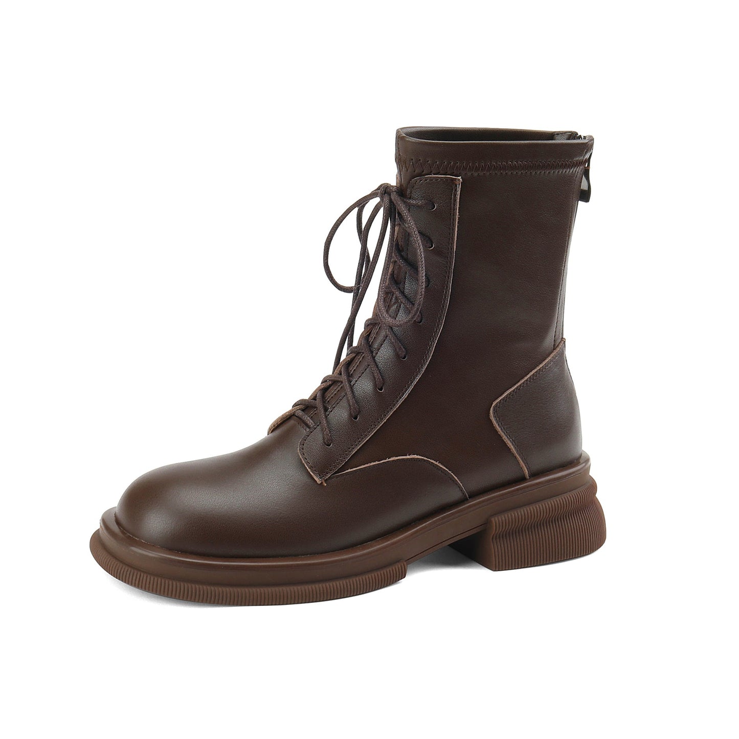 Nine Seven Women's Genuine Leather Round Toe Handmade Selftie Back Zip Up Chic Mid Calf Boots with Platform
