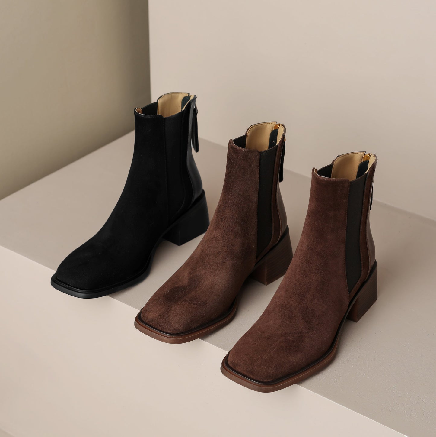 Nine Seven Handmade Women's Suede Leather Patchwork Stretch Back Zipper Square Toe Mid Chunky Heel Ankle Boots