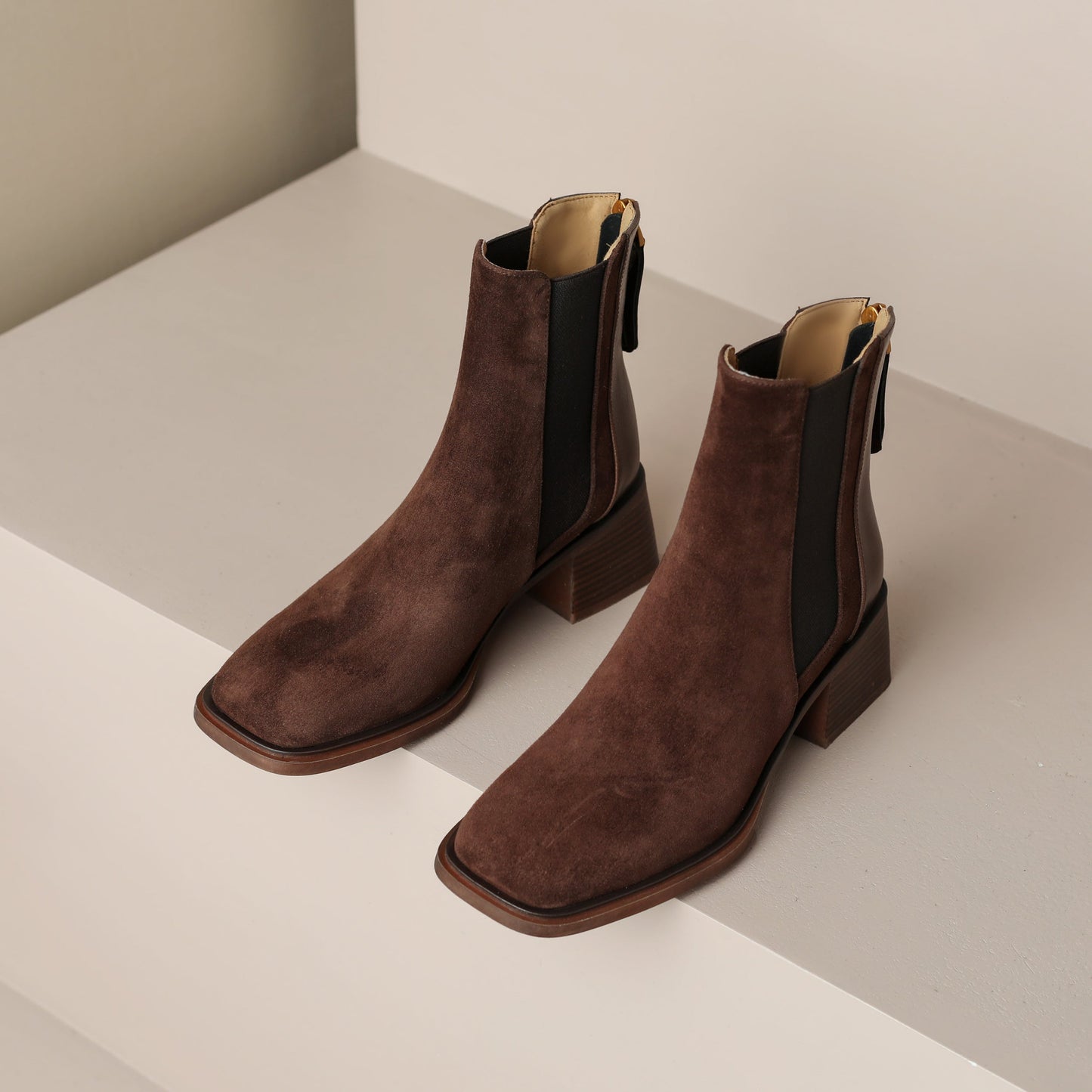 Nine Seven Handmade Women's Suede Leather Patchwork Stretch Back Zipper Square Toe Mid Chunky Heel Ankle Boots