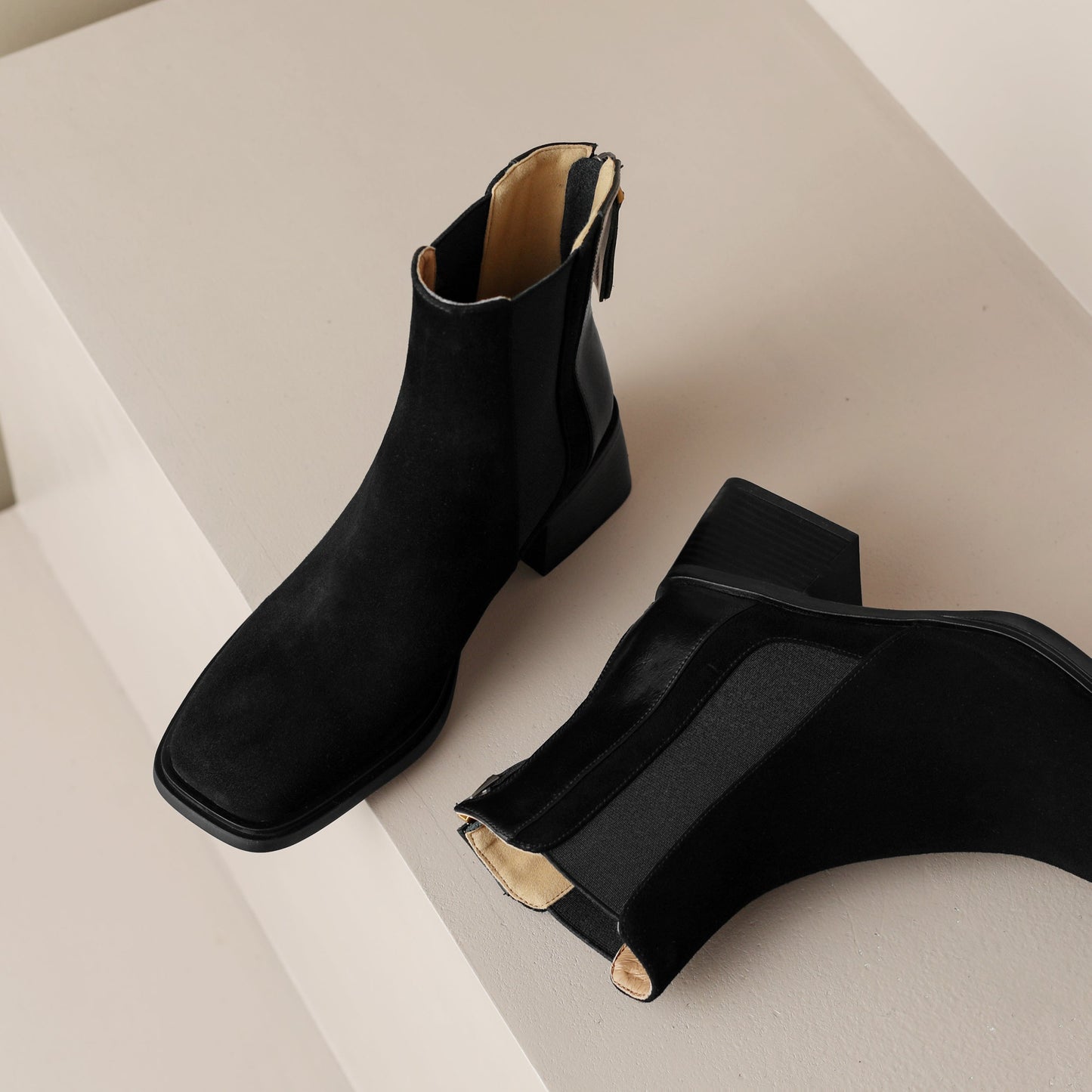 Nine Seven Handmade Women's Suede Leather Patchwork Stretch Back Zipper Square Toe Mid Chunky Heel Ankle Boots