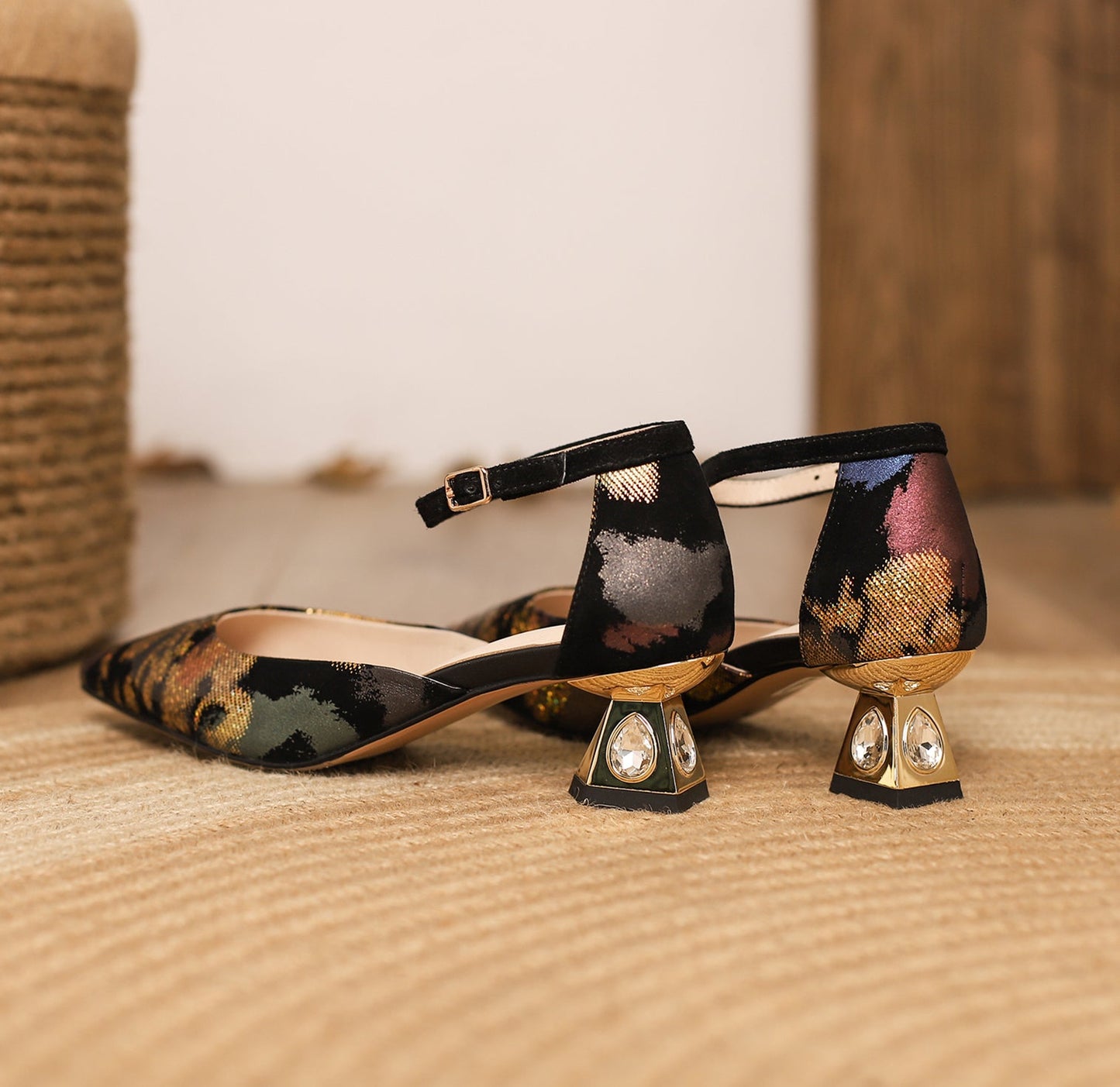 Nine Seven Women's Pointed Toe Printing Suede Leather Handmade Ankle Strap with Buckle Low Chunky Heel Pump Shoes