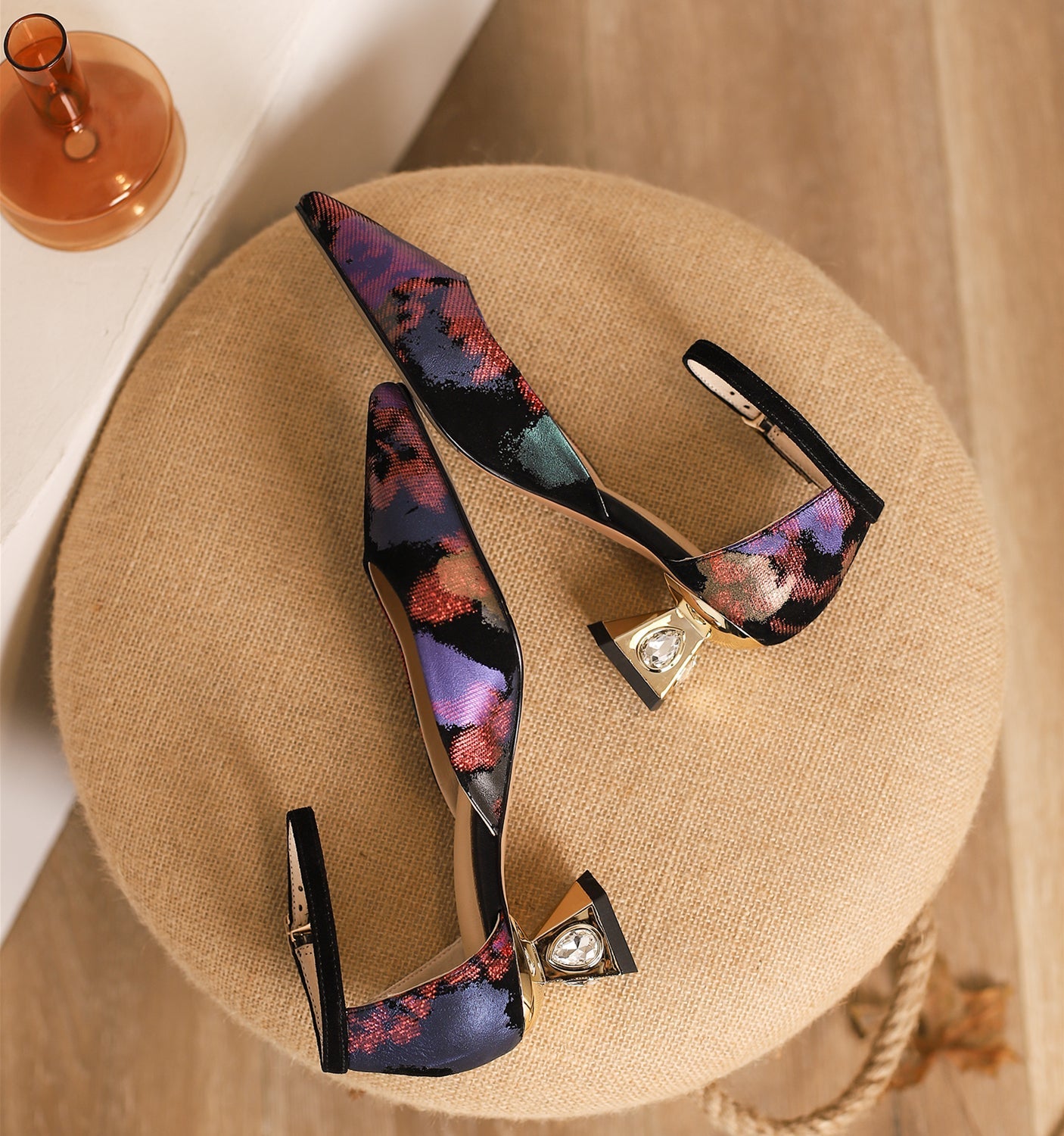 Nine Seven Women's Pointed Toe Printing Suede Leather Handmade Ankle Strap with Buckle Low Chunky Heel Pump Shoes