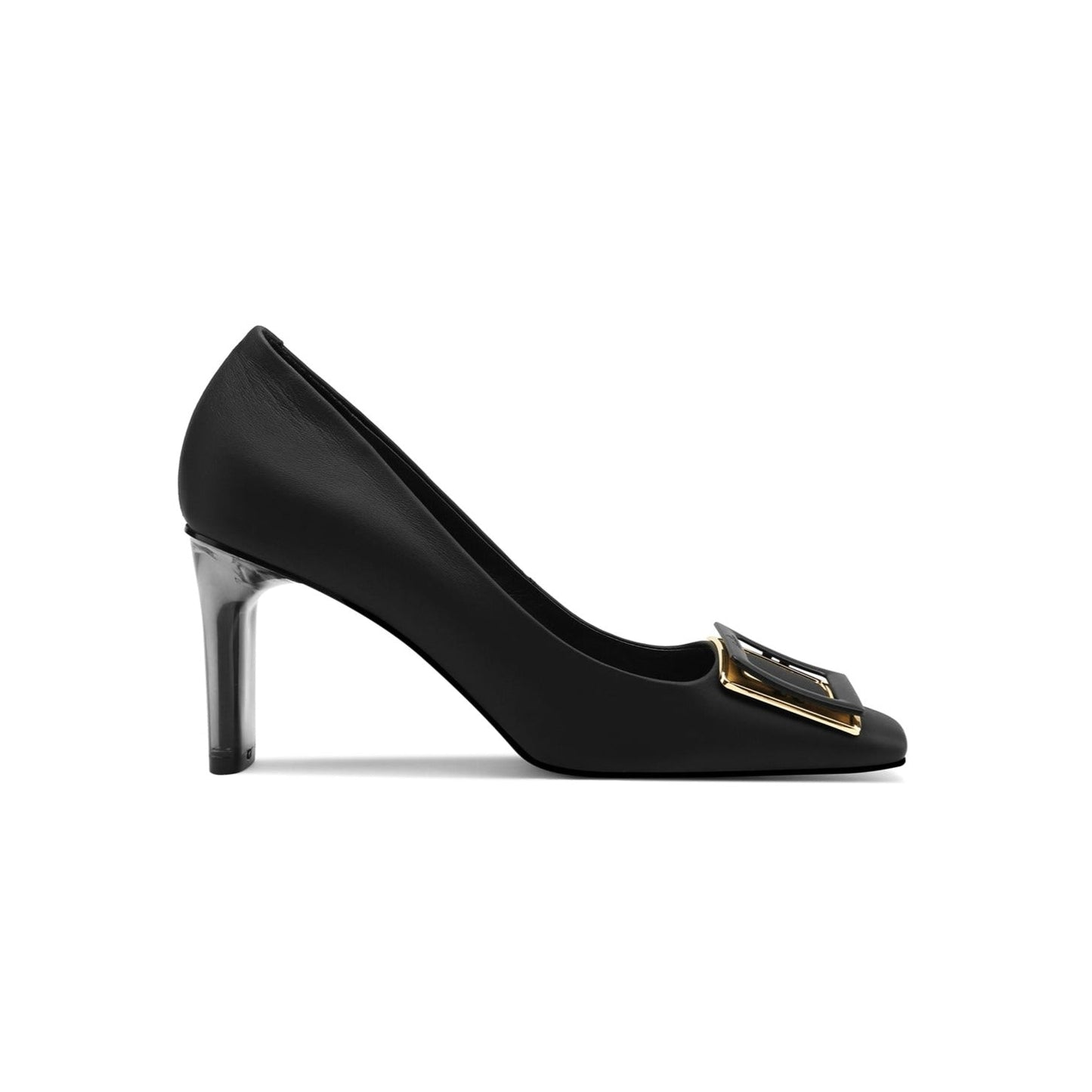 Nine Seven Women's Genuine Leather Handmade Square Toe Mid Chunky Heels Stylish Pumps Shoes with Buckle Décor