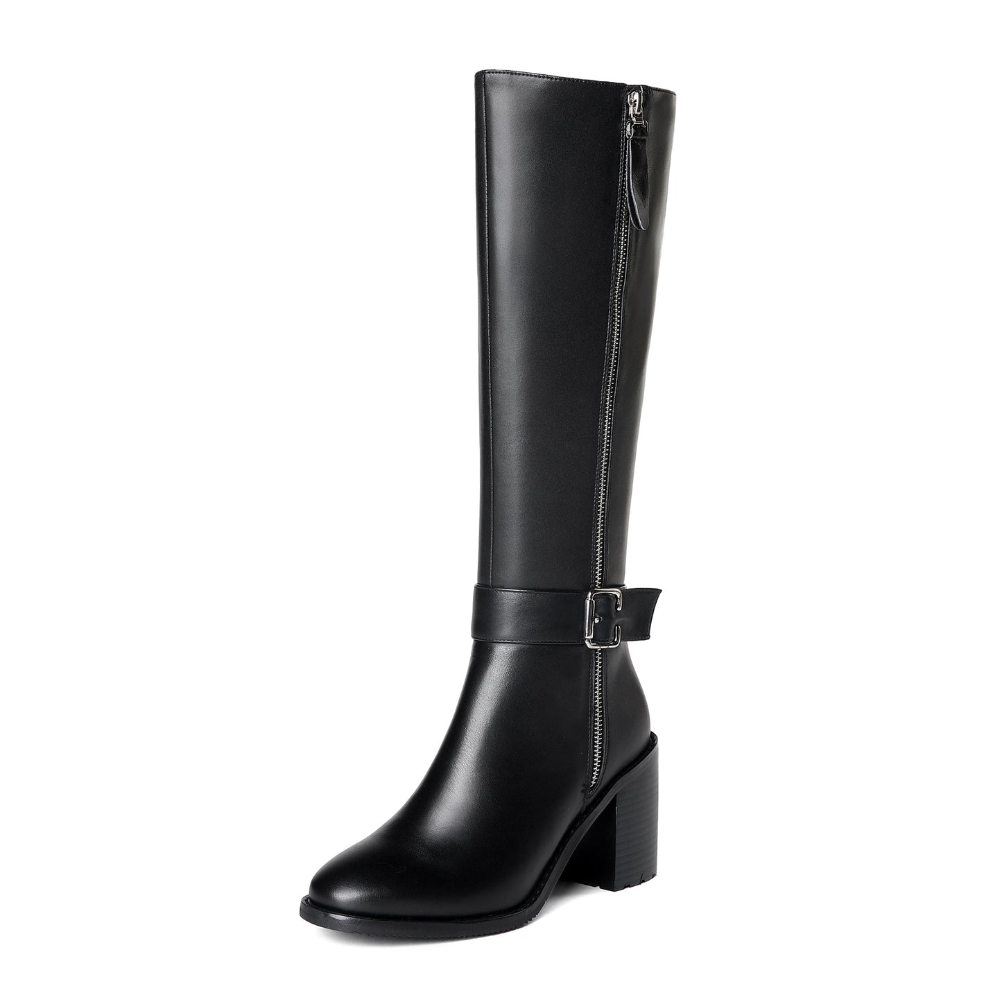 Nine Seven Women's Genuine Leather Round Toe Handmade Buckled Dual Zippers High Chunky Heels Stylish Knee High Boots