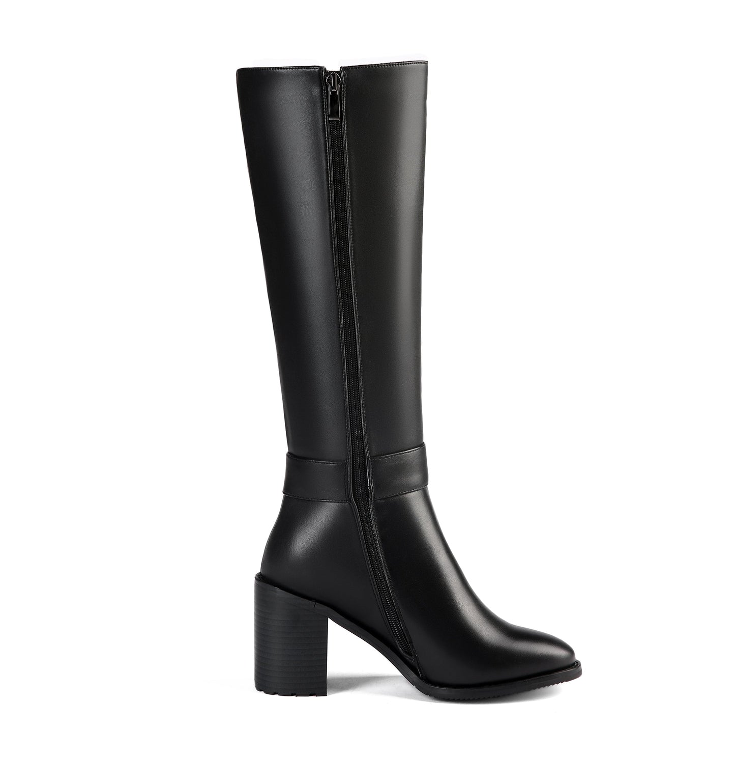 Nine Seven Women's Genuine Leather Round Toe Handmade Buckled Dual Zippers High Chunky Heels Stylish Knee High Boots