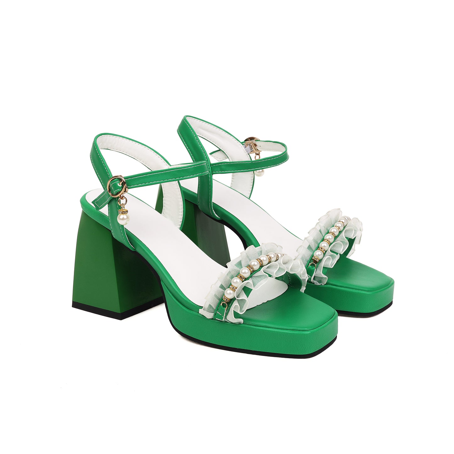 Nine Seven Women's Handmade Pearl Buckle Open Toe Comfortable Block Heel Weeding Shoes