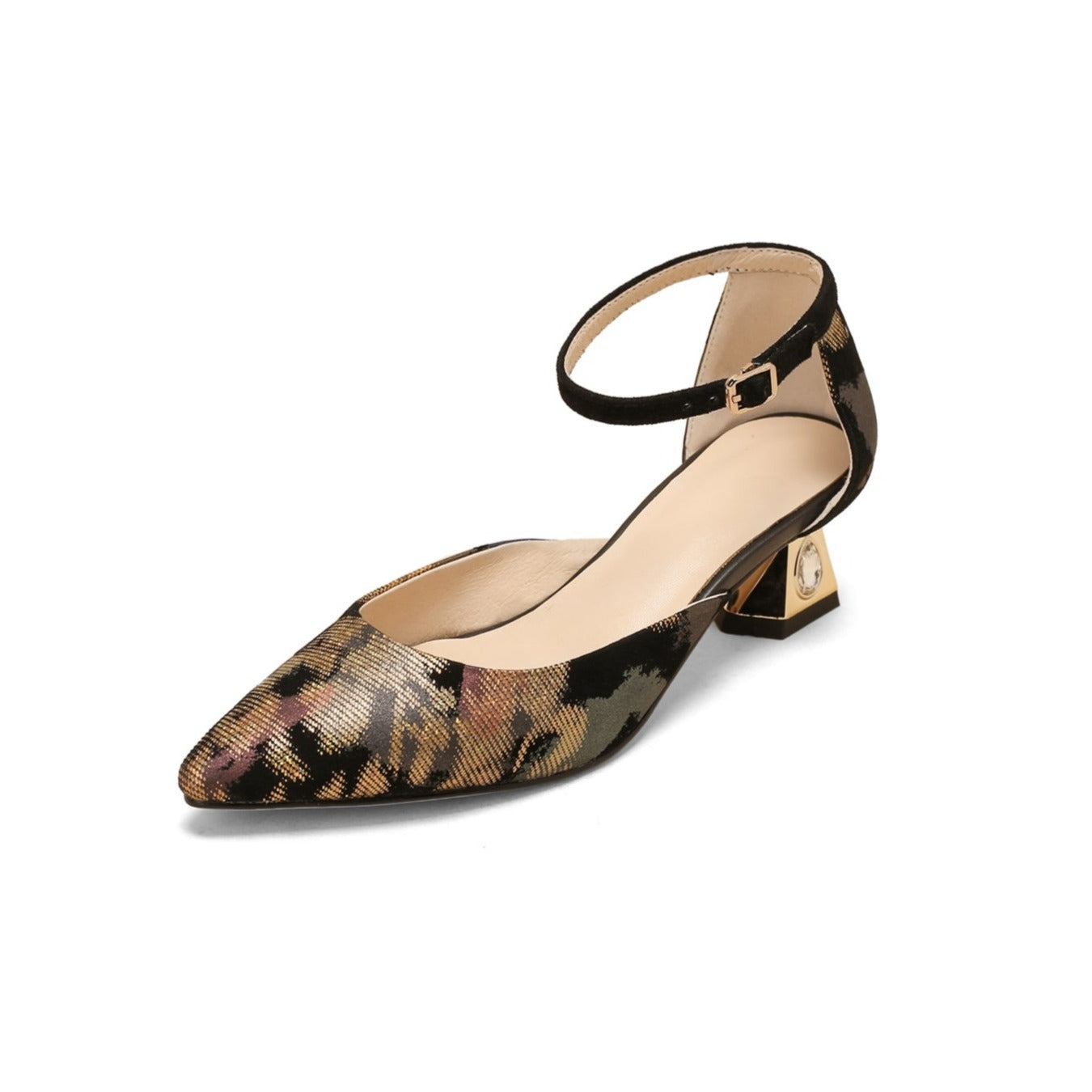 Nine Seven Women's Pointed Toe Printing Suede Leather Handmade Ankle Strap with Buckle Low Chunky Heel Pump Shoes