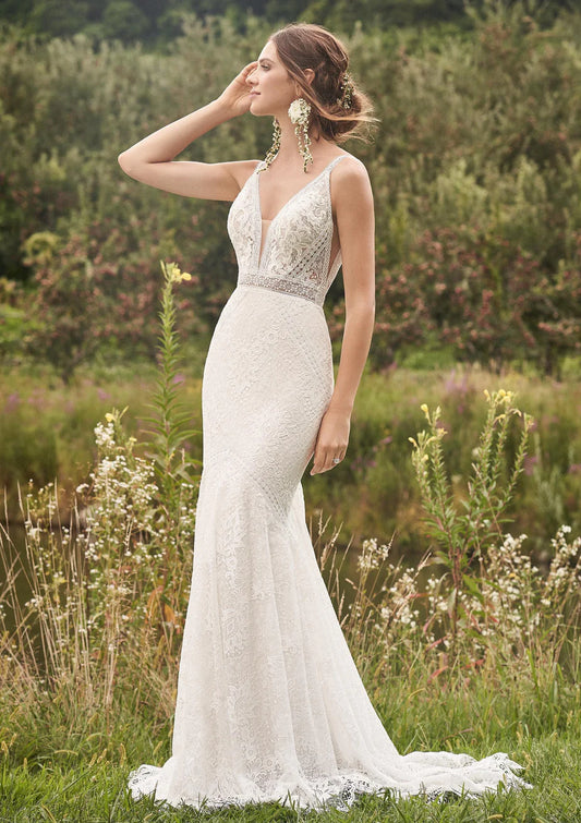 Nine Seven V-Neckline Lace Appique Straps Low V-Back Bohemian Bridal Wedding Dress Customization