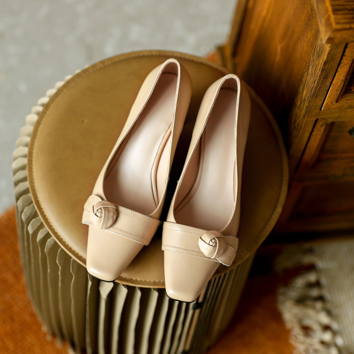 Nine Seven Women's Handmade Genuine Leather Square Toe Mid Chunky Heel Slip On Elegant Pump Shoes with Floral Pattern