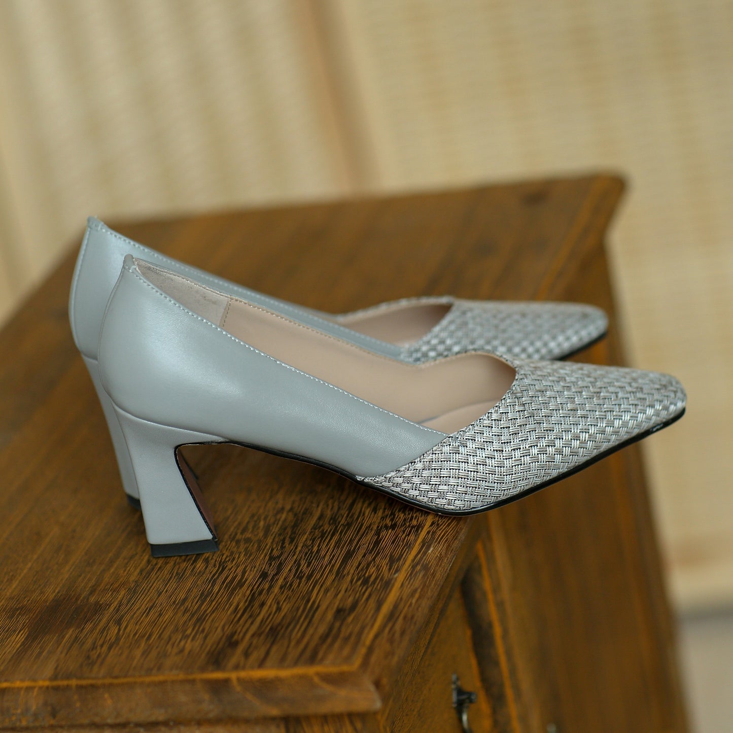 Nine Seven Women's Genuine Leather Fabric Handmade Little Square Toe High Heel Slip On Graceful Pump Shoes