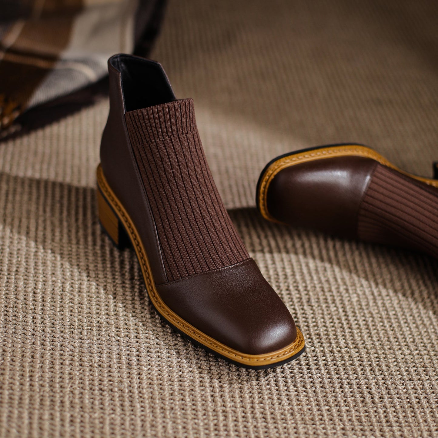 Nine Seven Handmade Women's Genuine Leather Casual Slip on Stretched Woolen Square Toe Low Block Heel Ankle Boots