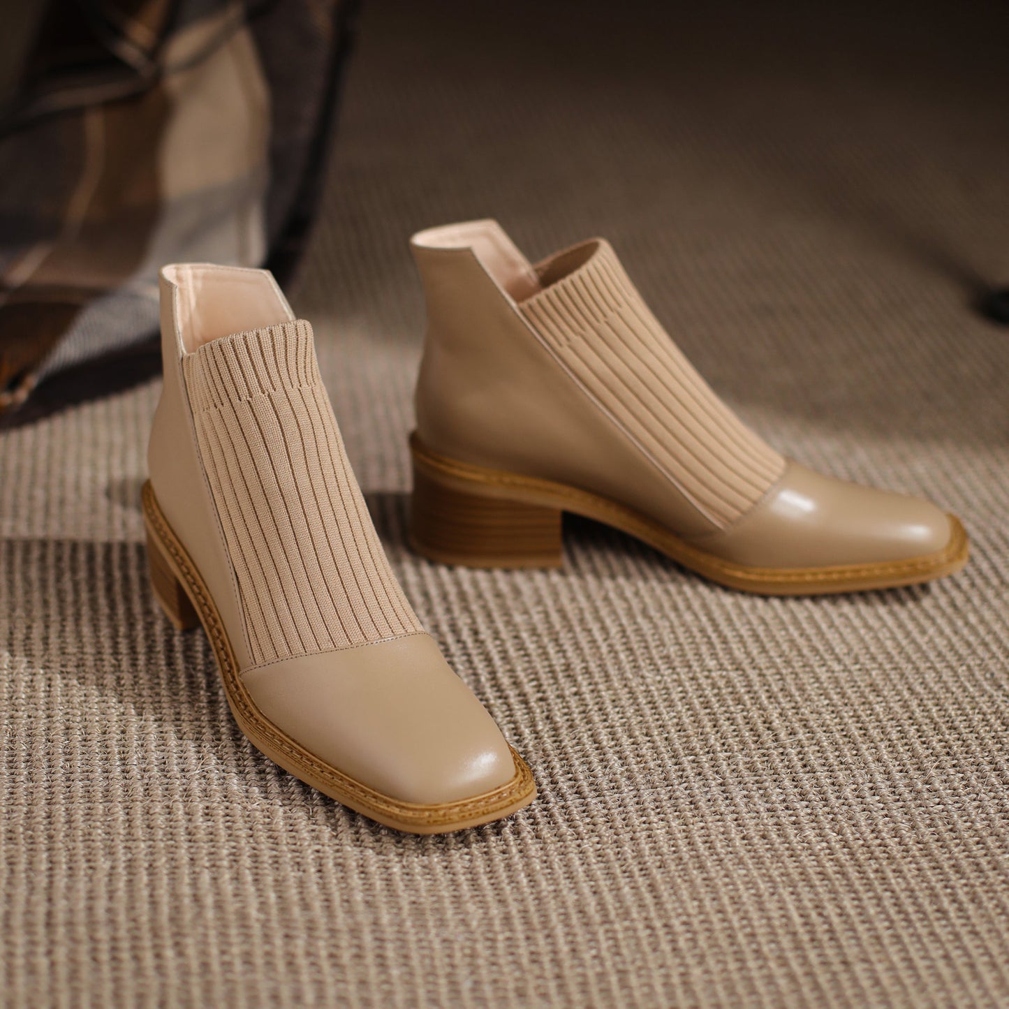 Nine Seven Handmade Women's Genuine Leather Casual Slip on Stretched Woolen Square Toe Low Block Heel Ankle Boots